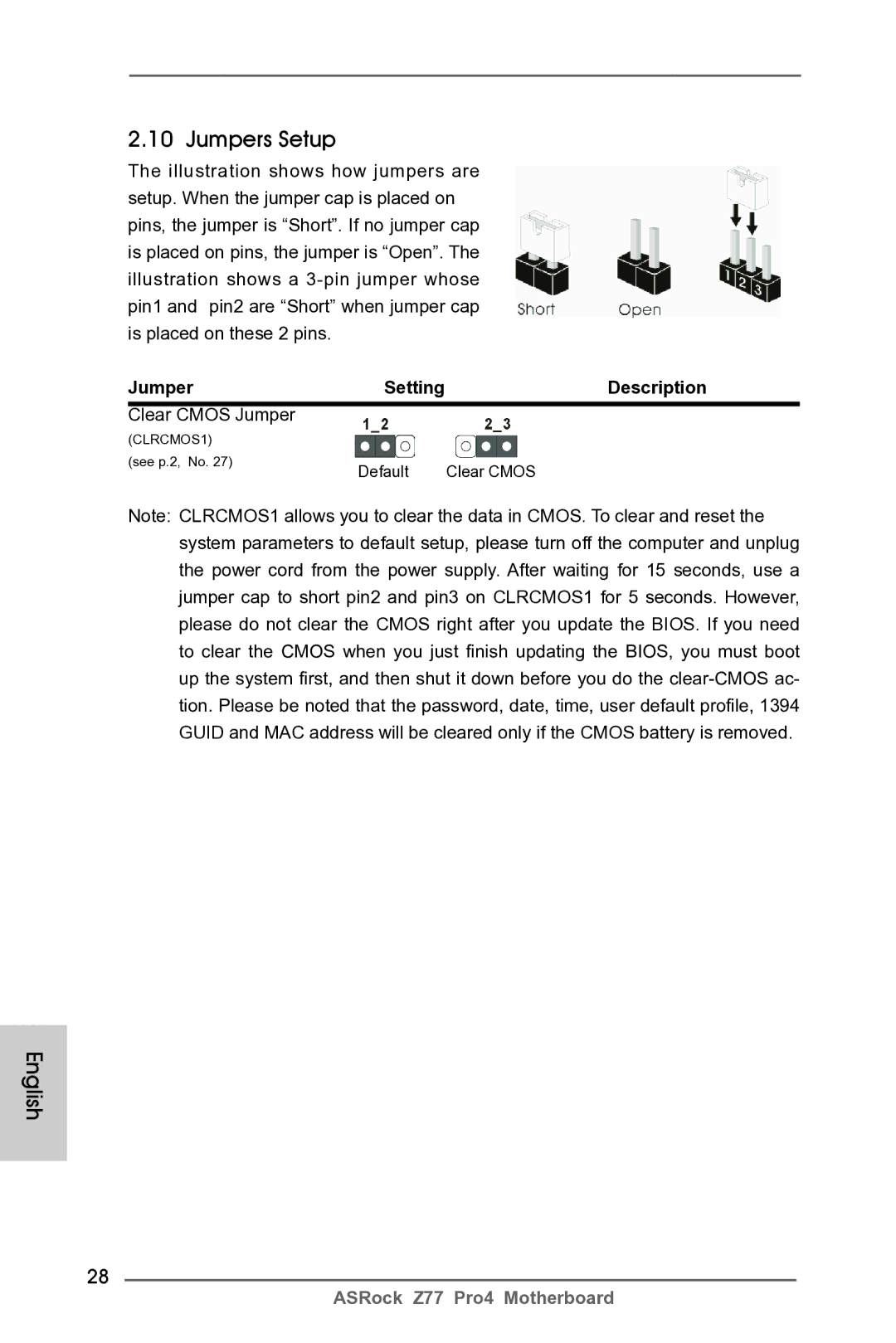 ASRock Z77 Pro4 manual Jumpers Setup, Description, Clear Cmos Jumper 