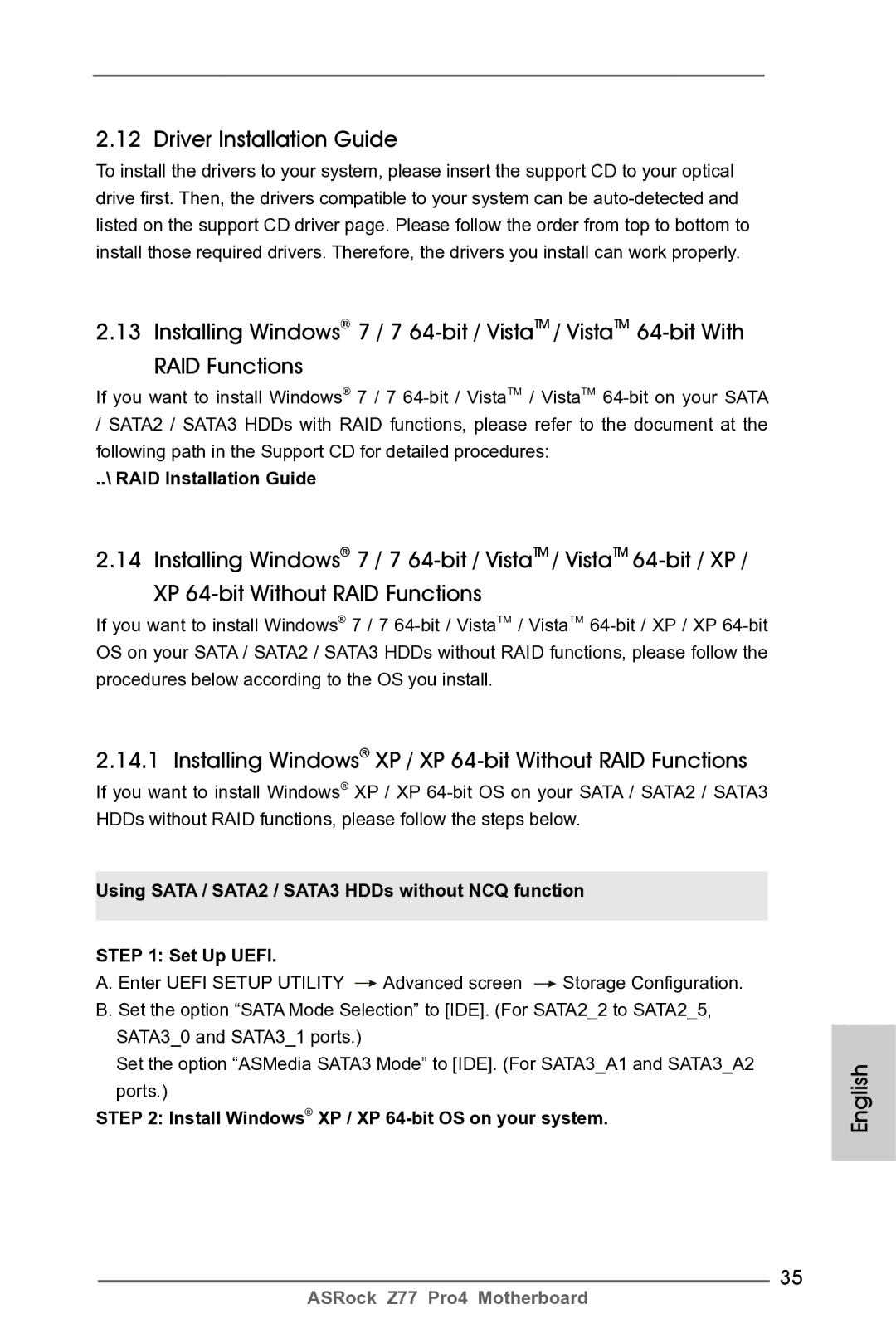 ASRock Z77 Pro4 manual Driver Installation Guide, Installing Windows XP / XP 64-bit Without RAID Functions 