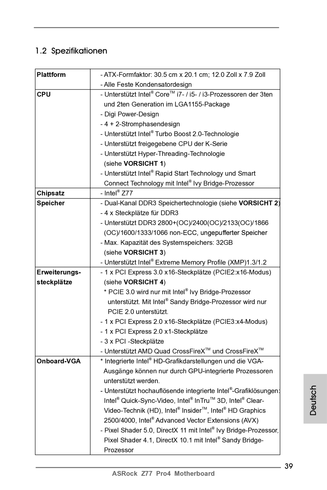 ASRock Z77 Pro4 manual Spezifikationen 