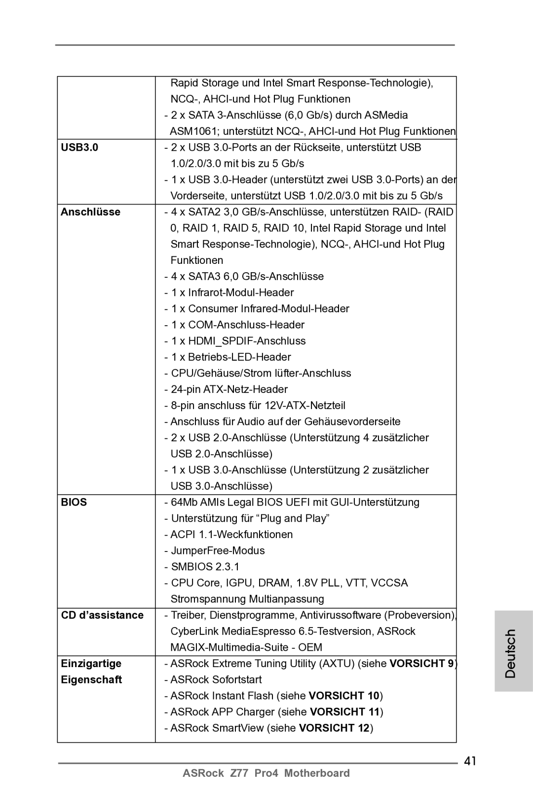 ASRock Z77 Pro4 manual CD d’assistance, Einzigartige, Eigenschaft 