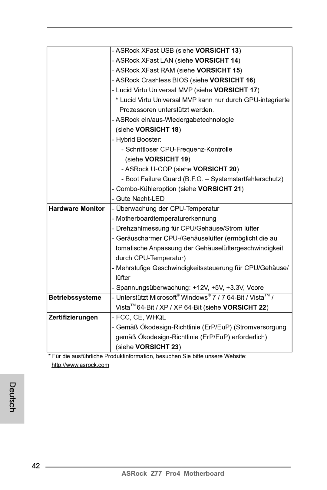 ASRock Z77 Pro4 manual Zertifizierungen 