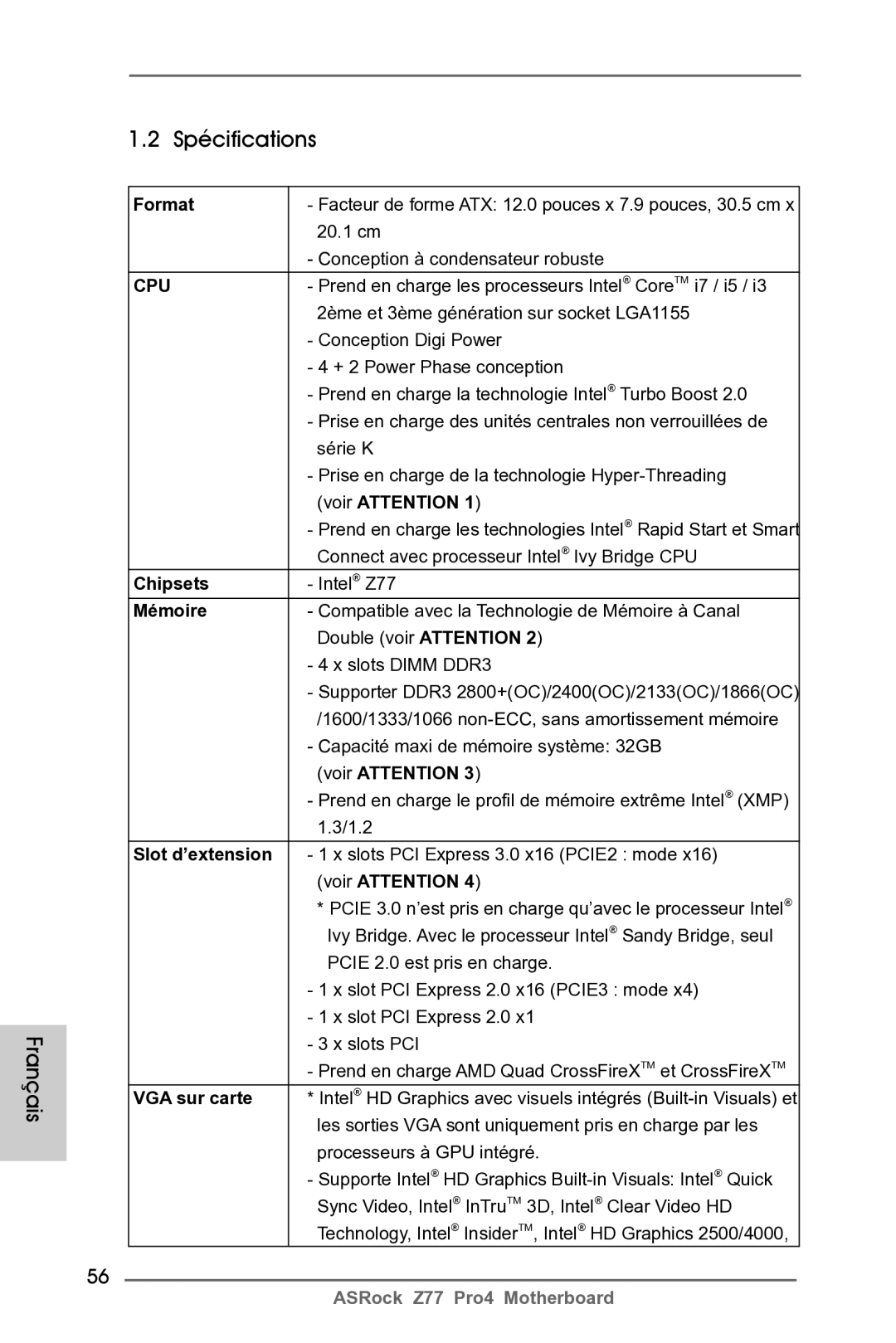 ASRock Z77 Pro4 manual Spécifications Français 