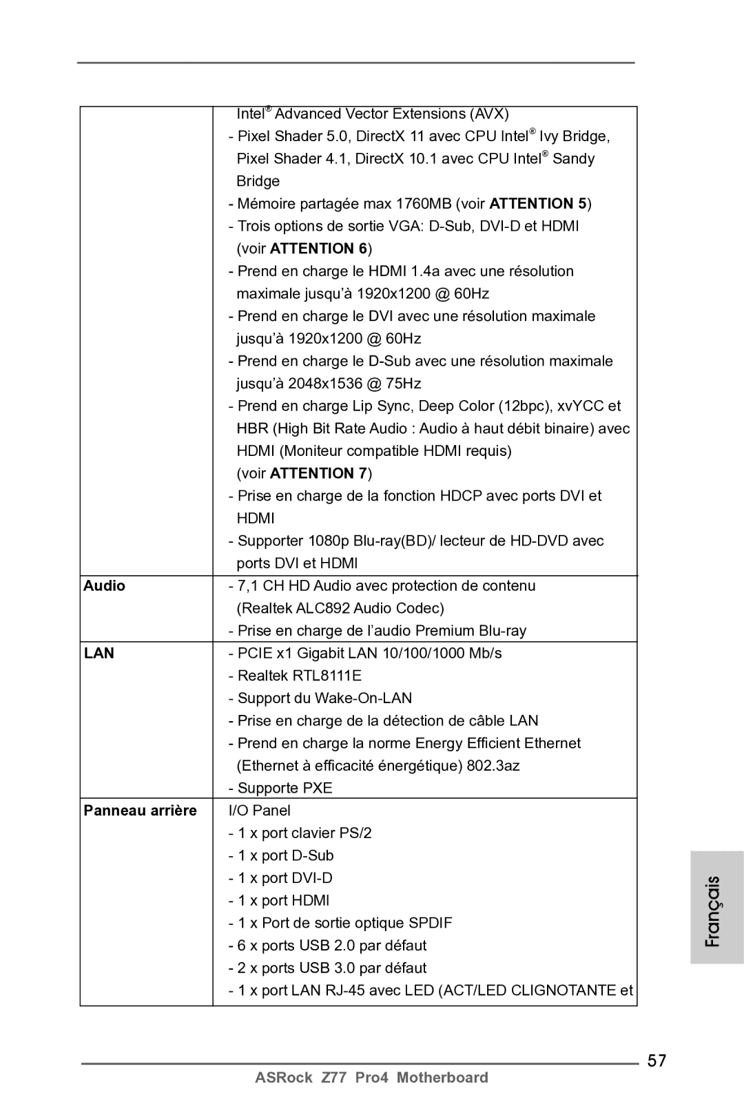 ASRock Z77 Pro4 manual Prise en charge de la fonction Hdcp avec ports DVI et, Panneau arrière 