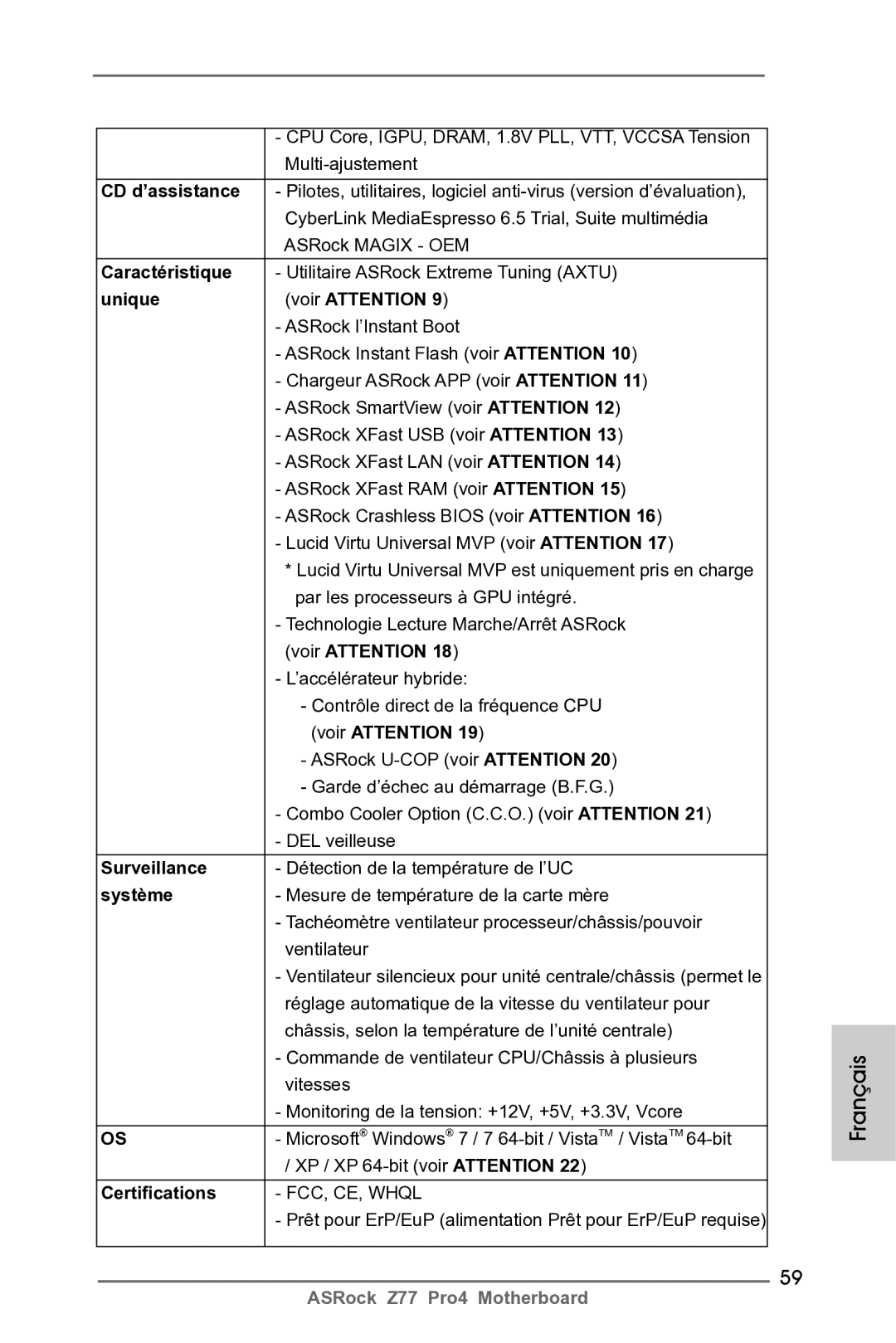 ASRock Z77 Pro4 manual Caractéristique, Unique Voir Attention, Surveillance, Système 