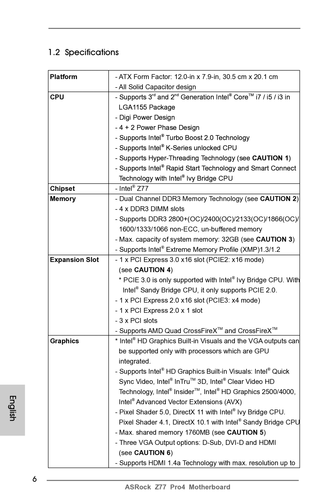 ASRock Z77 Pro4 manual English Specifications 