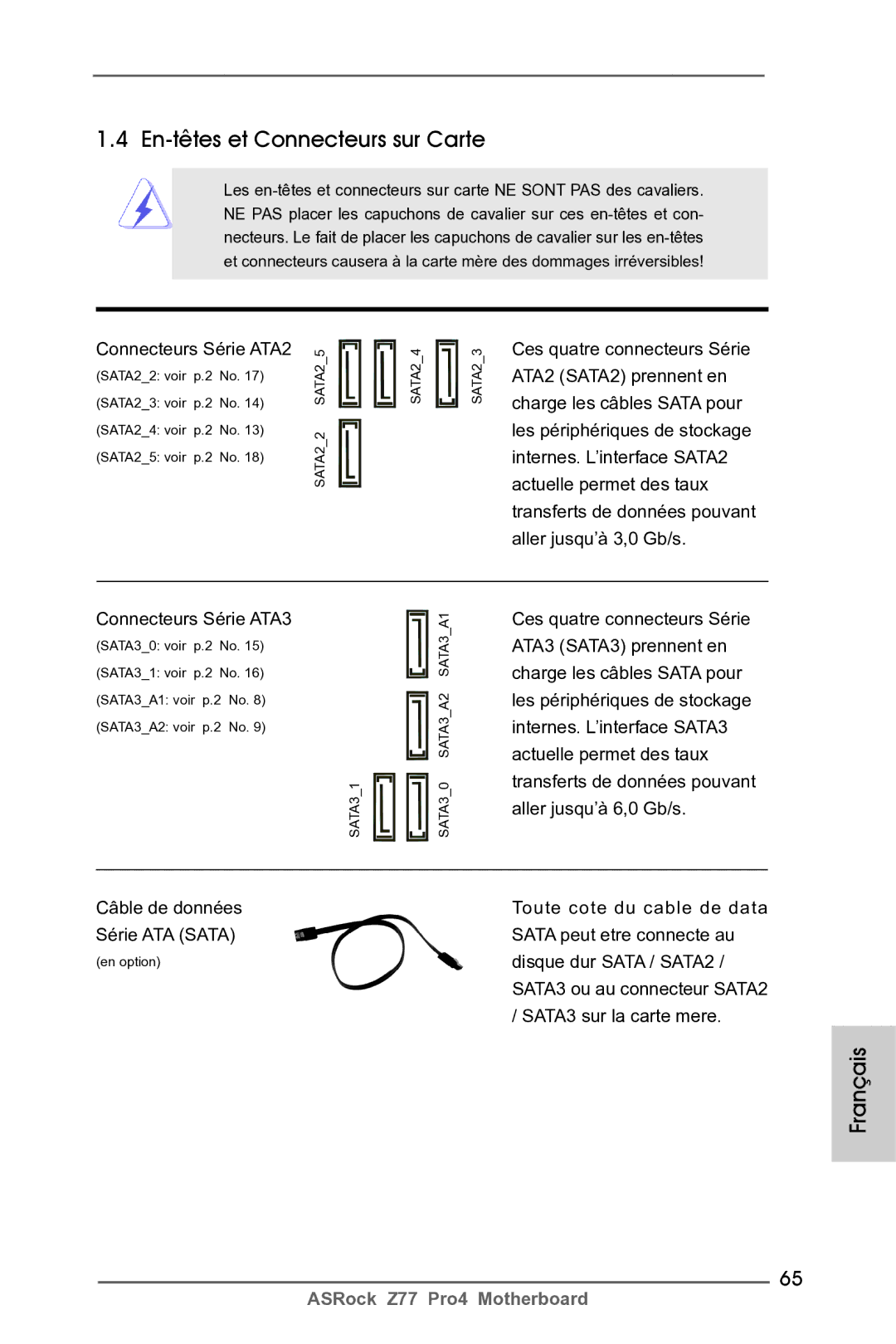 ASRock Z77 Pro4 manual En-têtes et Connecteurs sur Carte, Connecteurs Série ATA2 