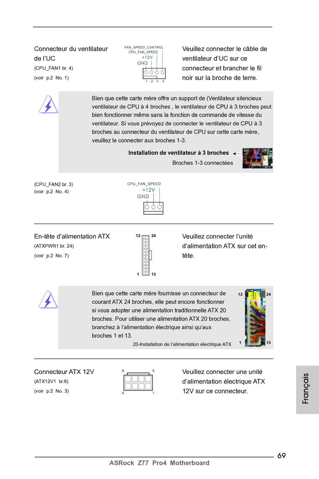 ASRock Z77 Pro4 manual En-tête d’alimentation ATX Veuillez connecter l’unité, Tête 