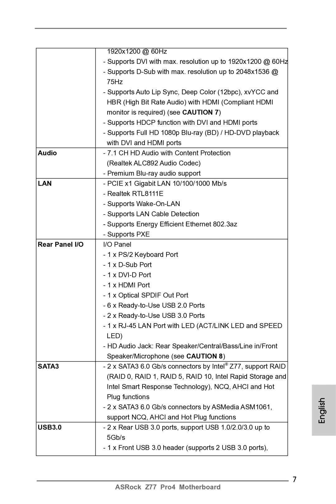 ASRock Z77 Pro4 manual 1920x1200 @ 60Hz, Audio, Rear Panel I/O, USB3.0 