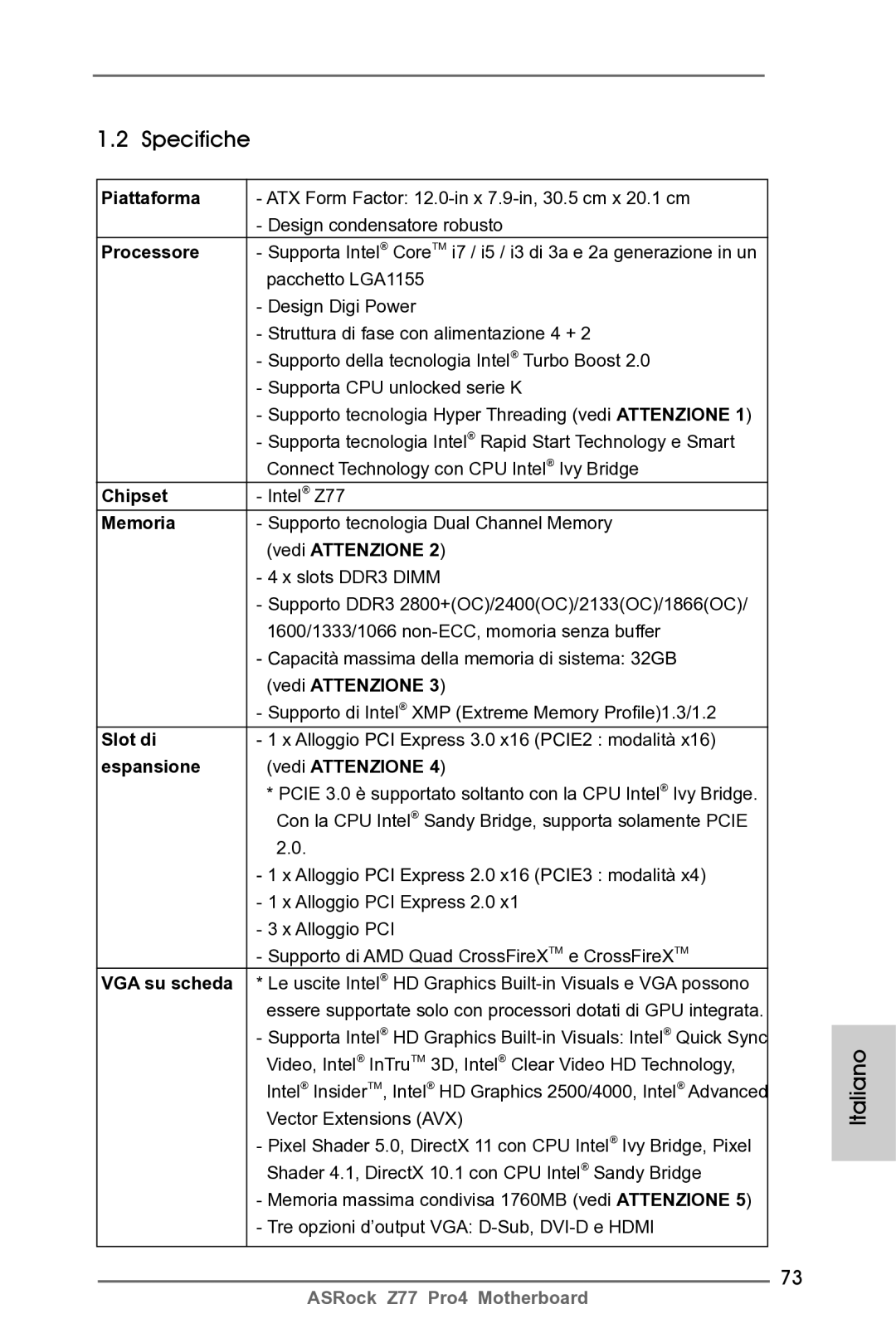 ASRock Z77 Pro4 manual Specifiche 