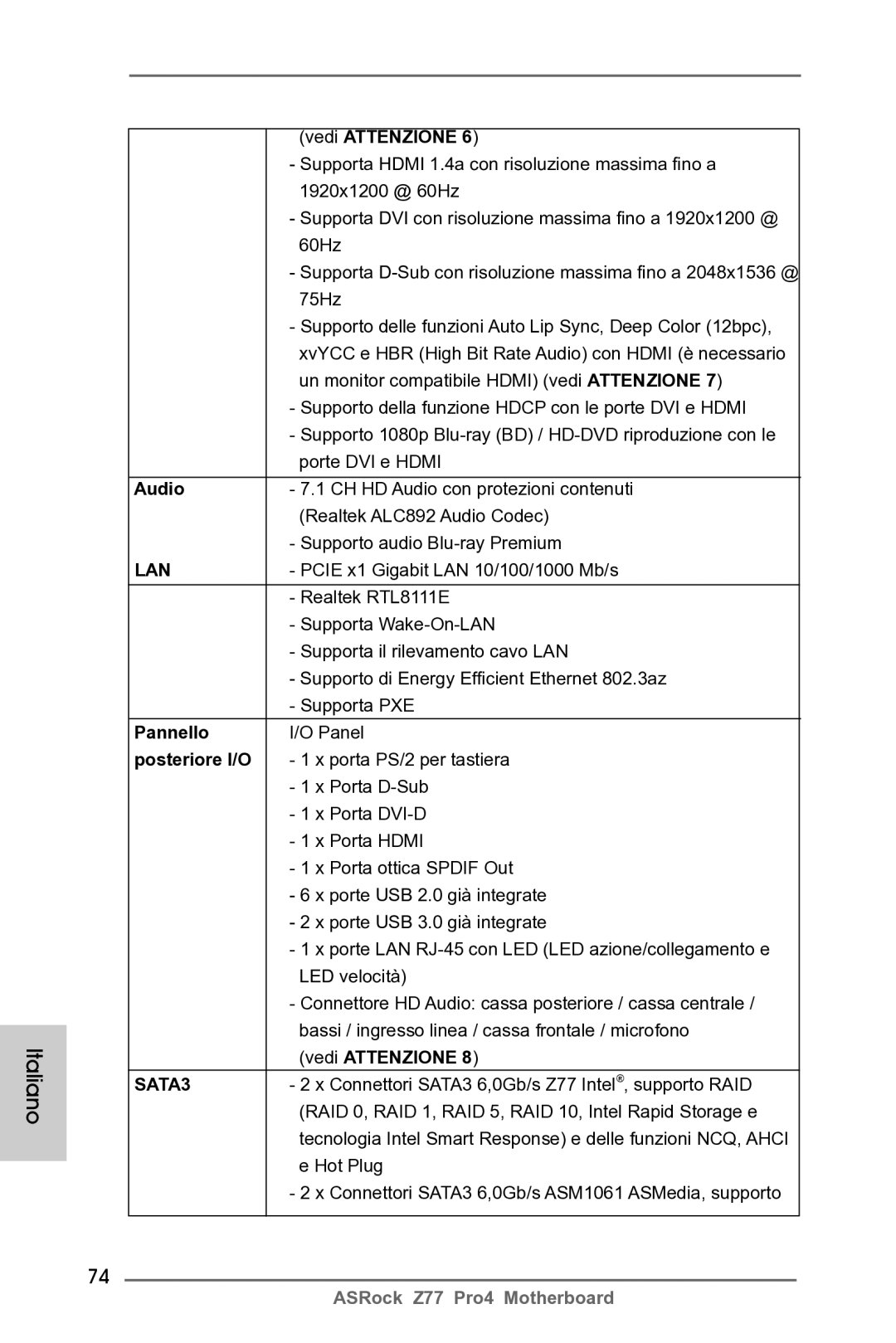 ASRock Z77 Pro4 manual Pannello, Posteriore I/O 