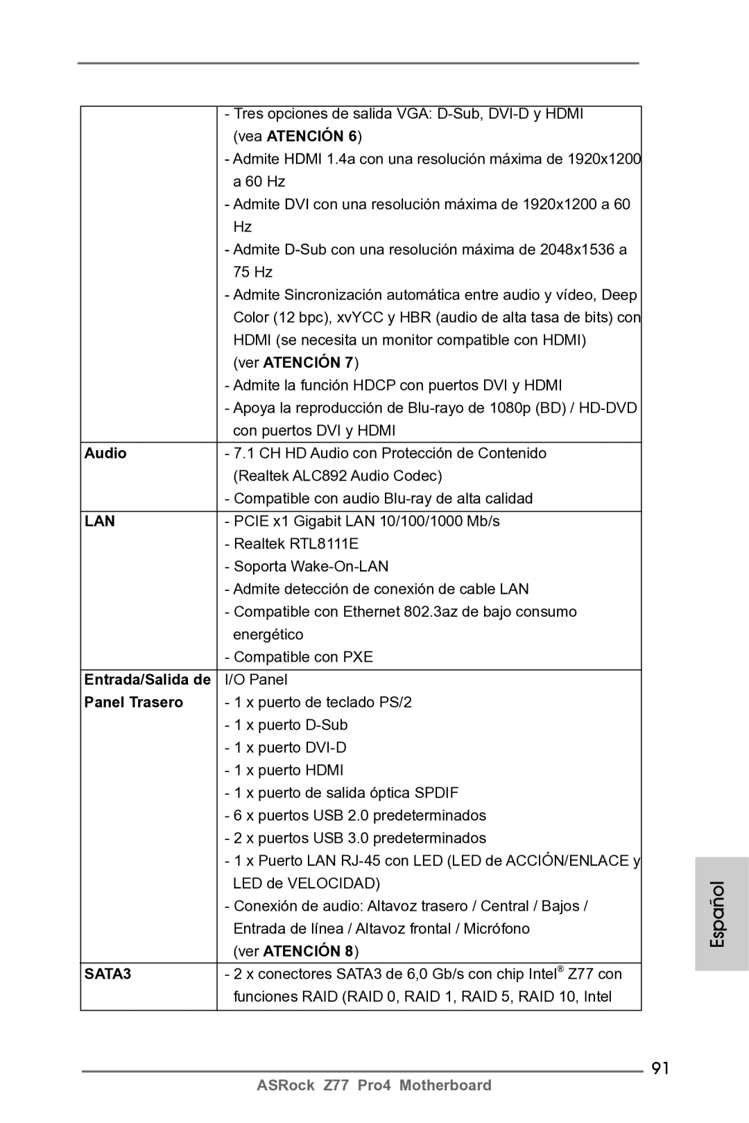 ASRock Z77 Pro4 manual Panel Trasero 