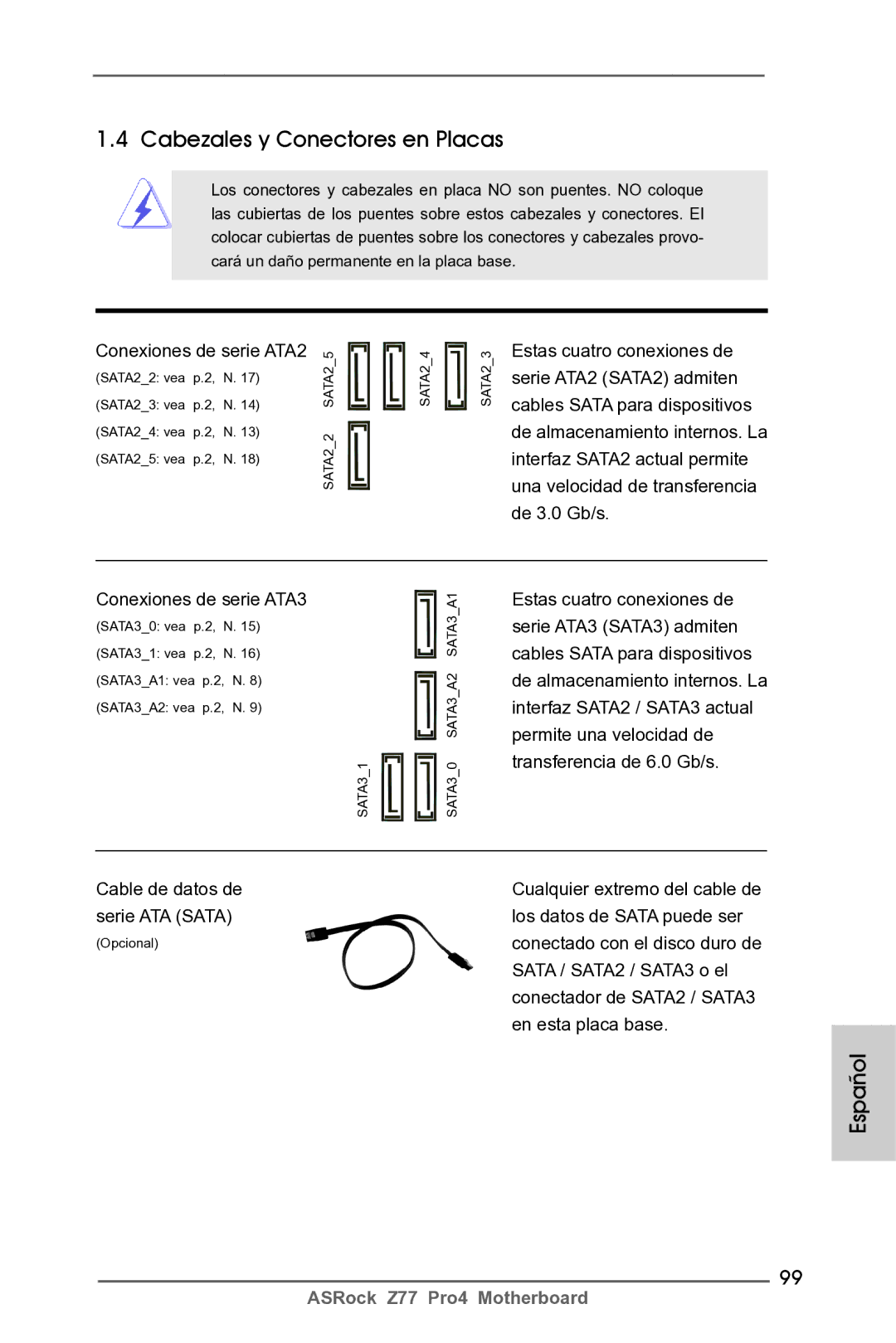 ASRock Z77 Pro4 Cabezales y Conectores en Placas, Conexiones de serie ATA2, Sata / SATA2 / SATA3 o el, En esta placa base 