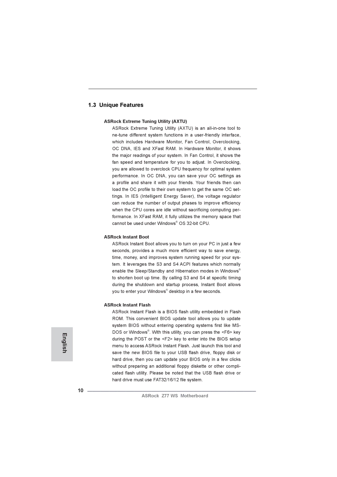 ASRock Z77 WS manual ASRock Extreme Tuning Utility Axtu, ASRock Instant Boot, ASRock Instant Flash 