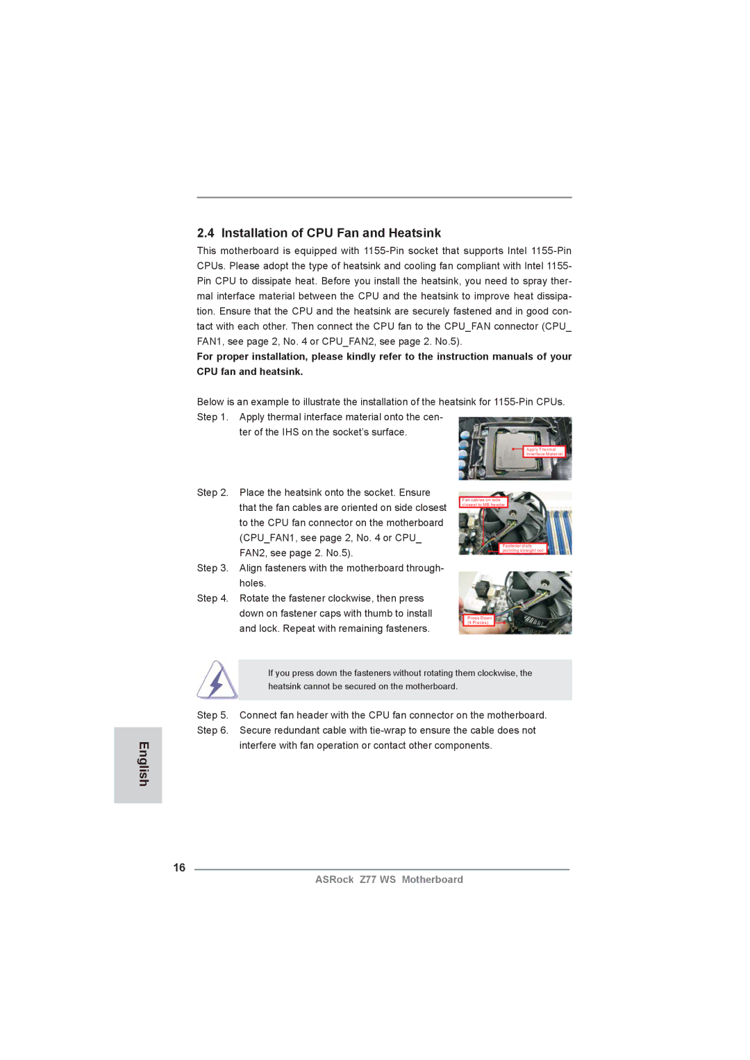 ASRock Z77 WS manual Installation of CPU Fan and Heatsink 