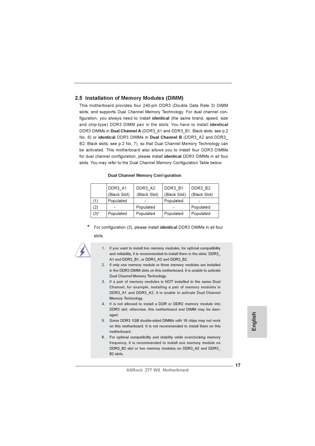 ASRock Z77 WS manual Installation of Memory Modules Dimm, Dual Channel Memory Conﬁguration 