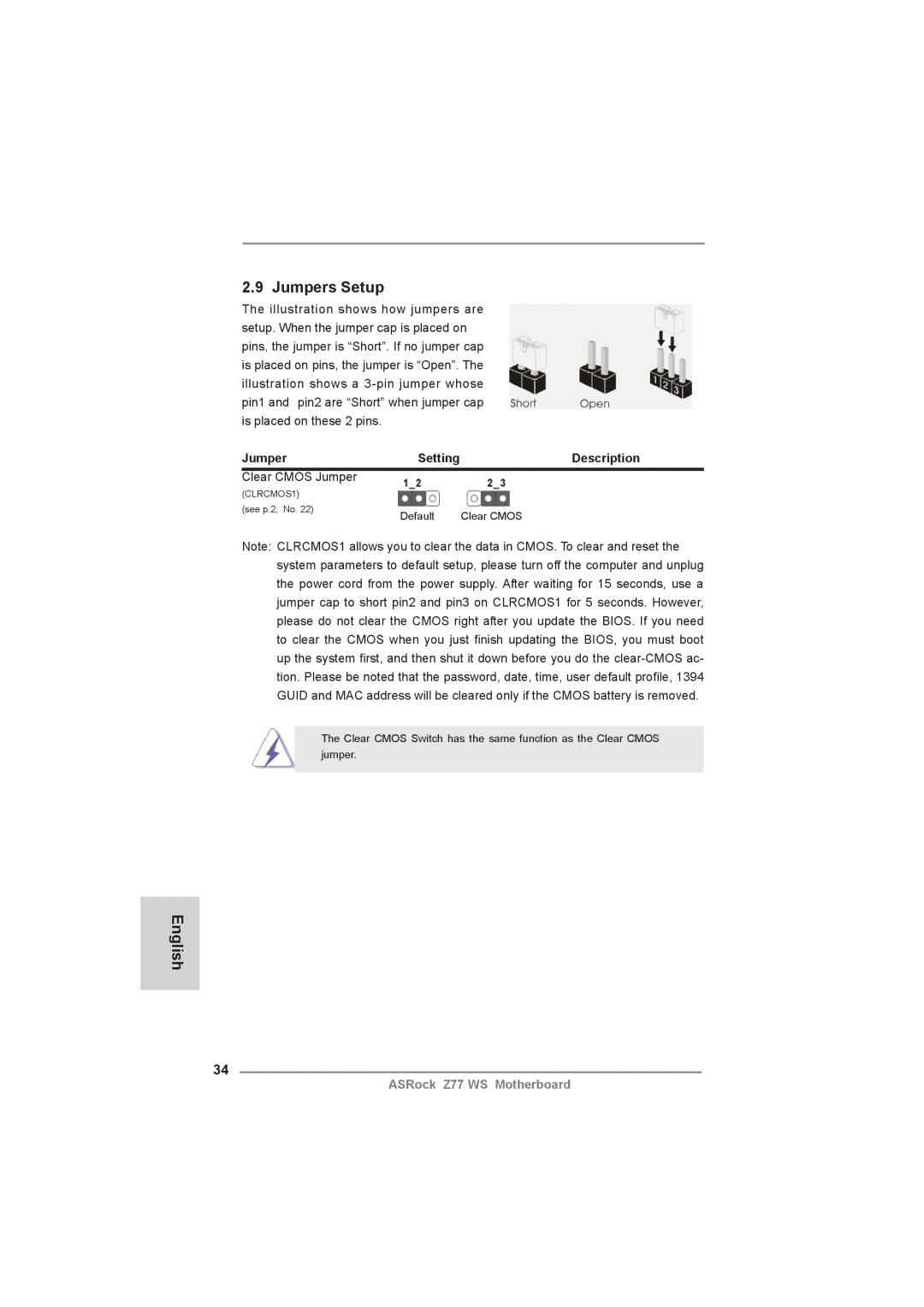 ASRock Z77 WS manual Jumpers Setup, Description, Clear Cmos Jumper 