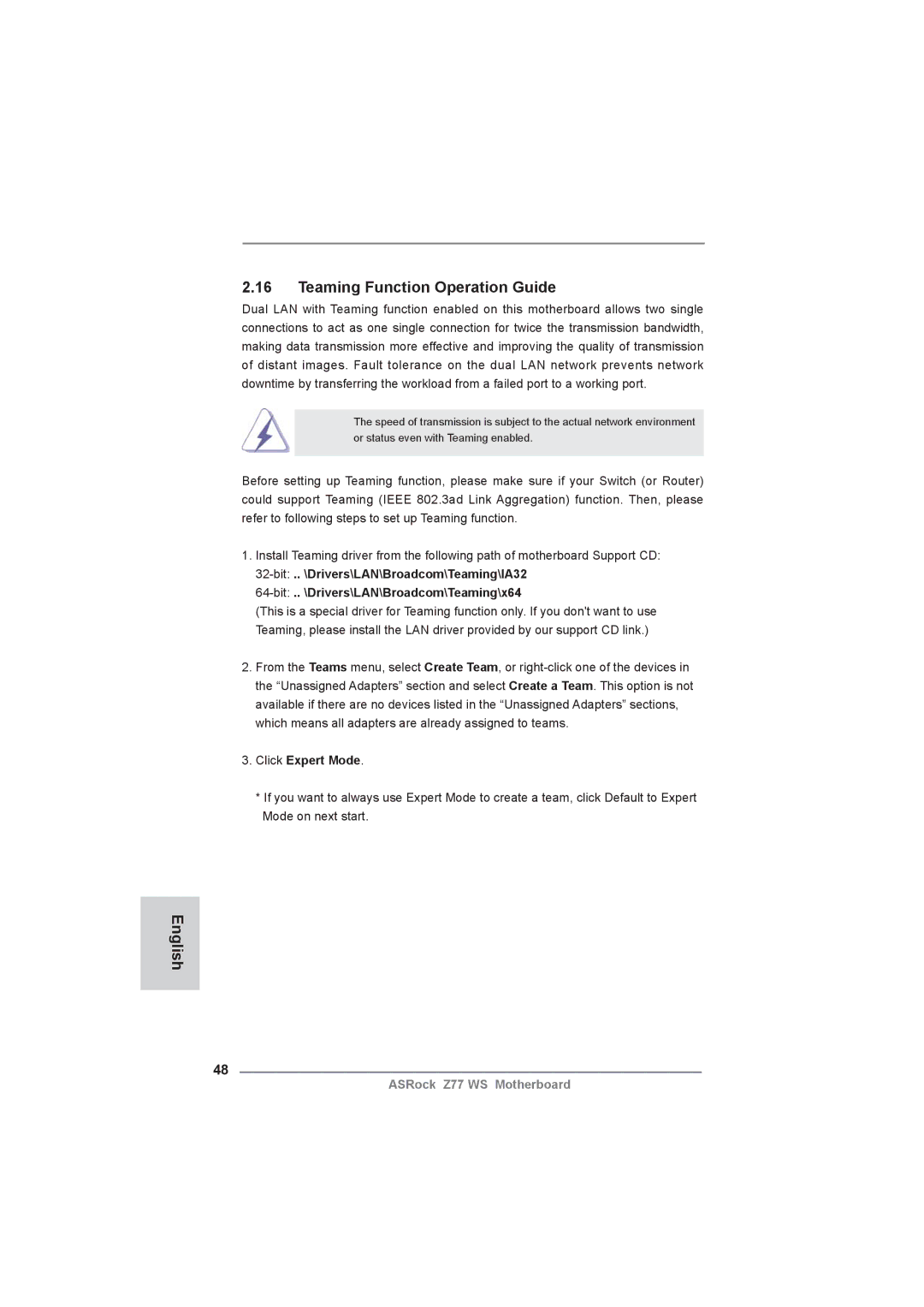 ASRock Z77 WS manual Teaming Function Operation Guide, Click Expert Mode 