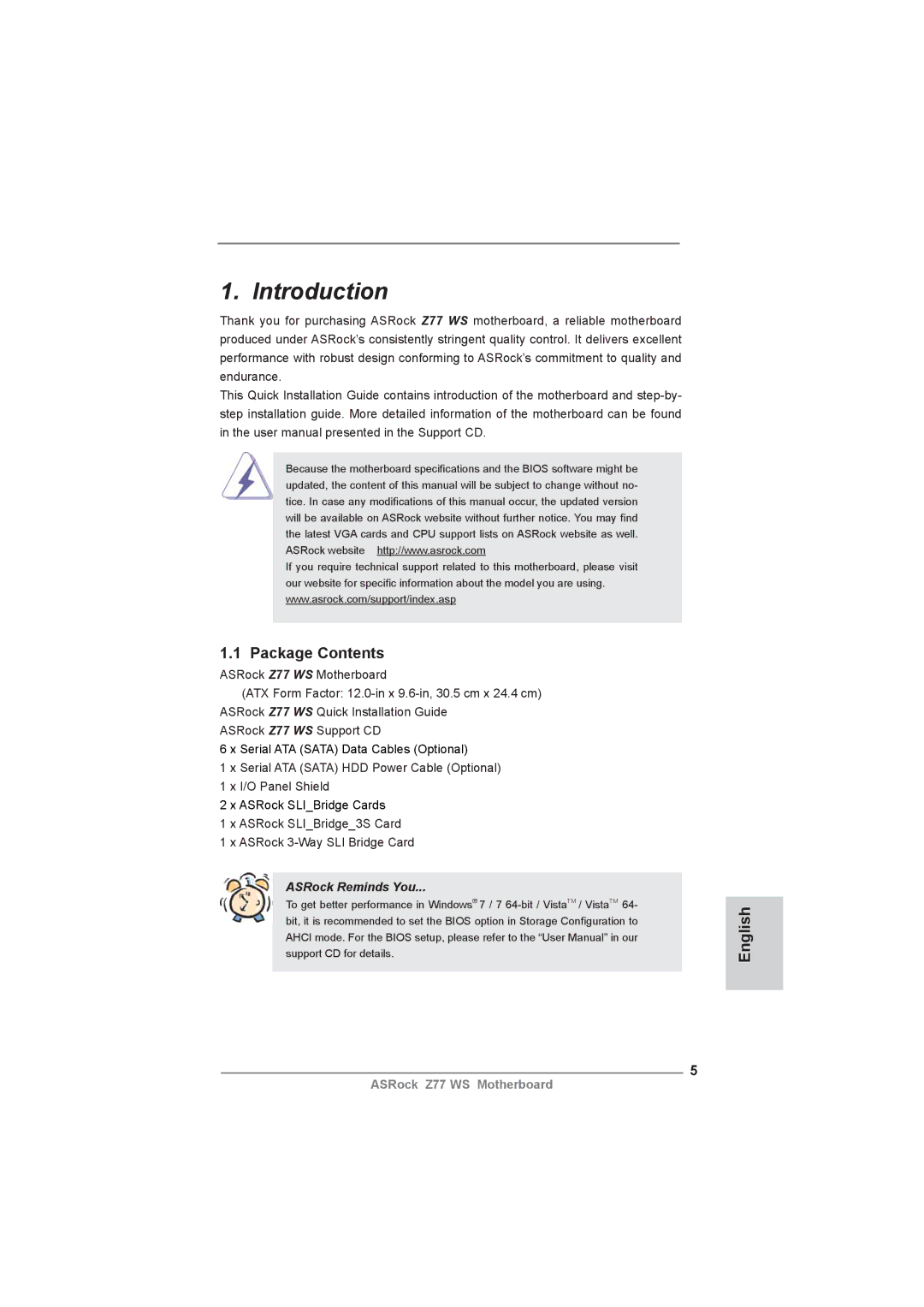 ASRock Z77 WS manual Introduction, Package Contents 