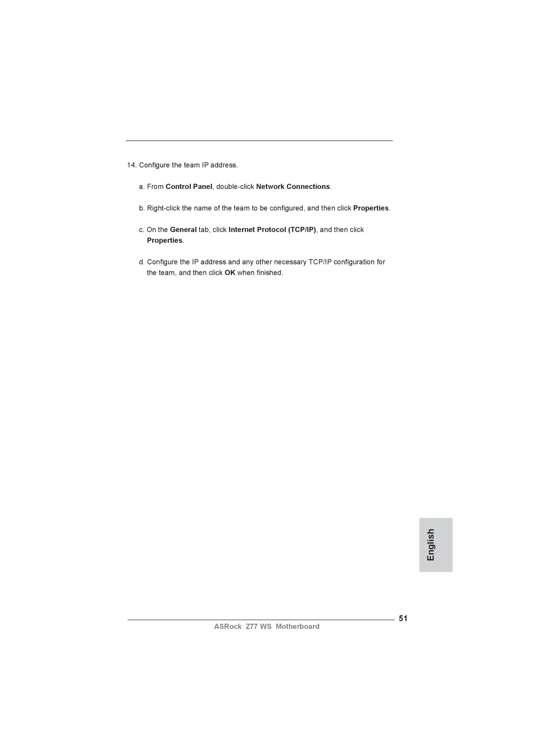 ASRock Z77 WS manual Conﬁgure the team IP address, From Control Panel, double-clickNetwork Connections 