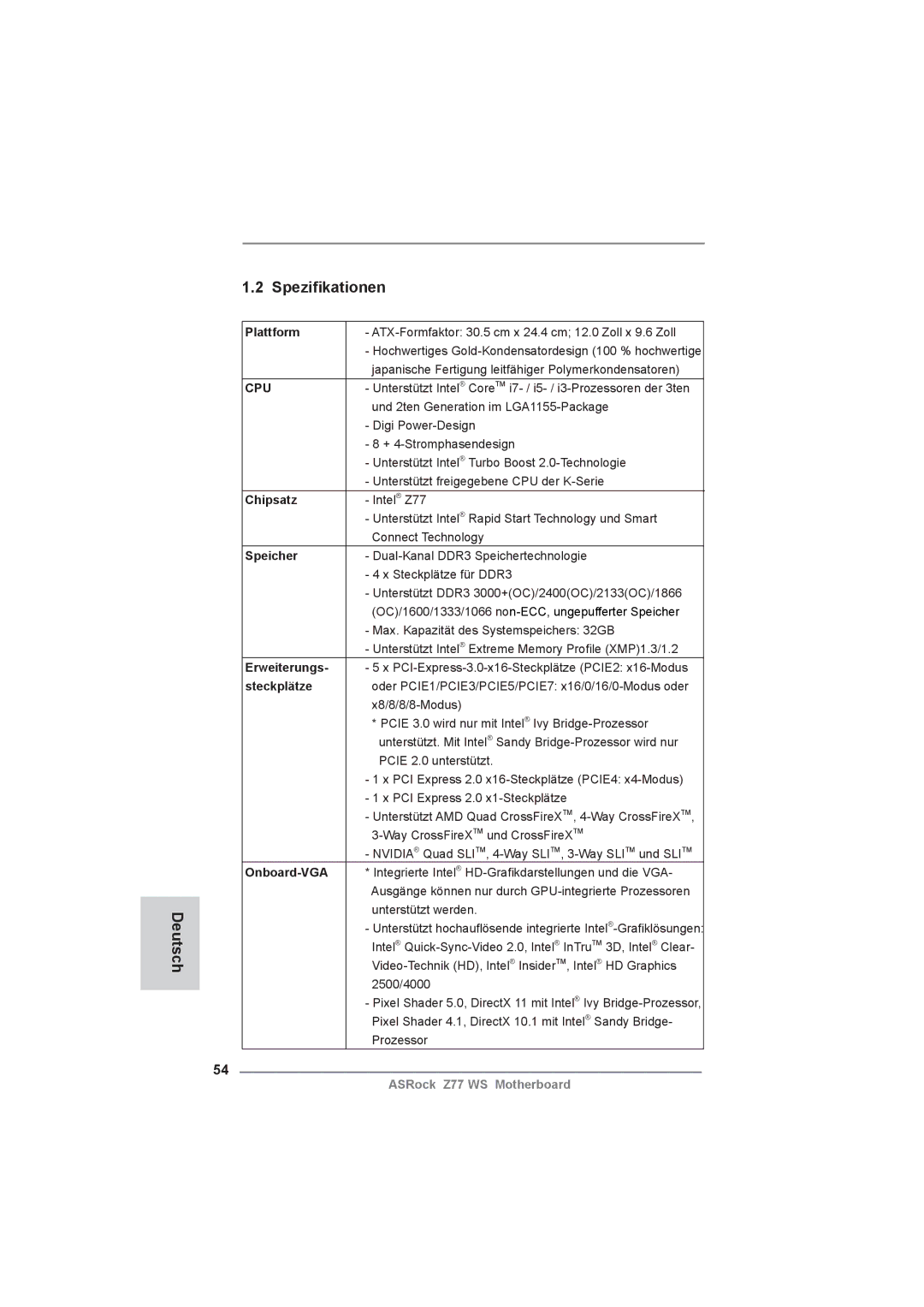 ASRock Z77 WS manual Speziﬁkationen Deutsch 