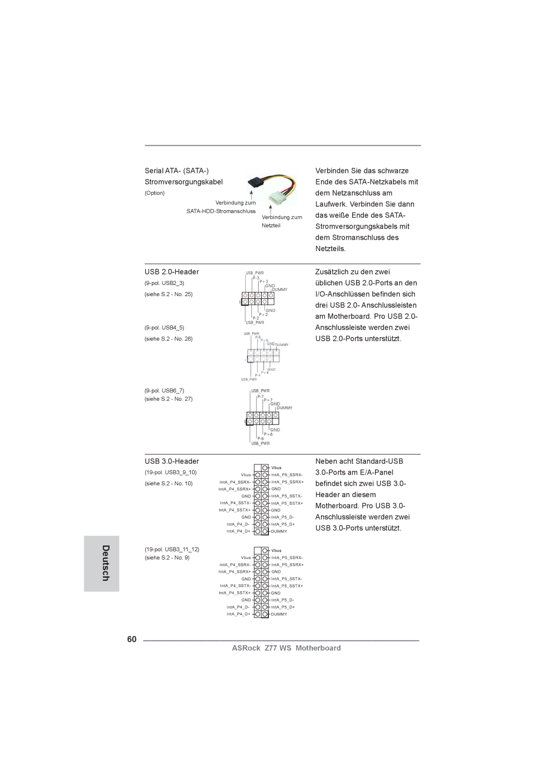 ASRock Z77 WS manual Serial ATA- Sata Stromversorgungskabel, USB 3.0-Header 