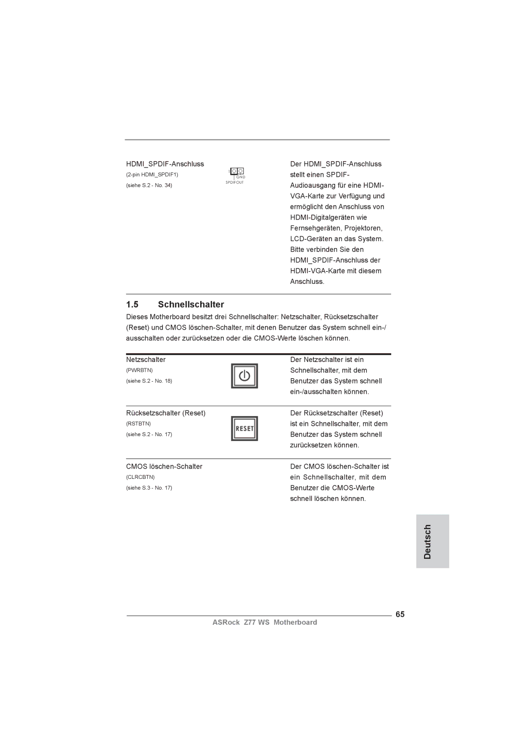 ASRock Z77 WS manual Schnellschalter 