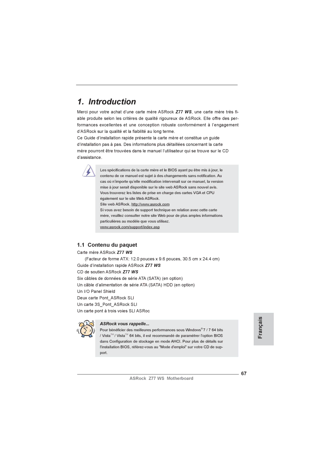 ASRock Z77 WS manual Contenu du paquet, Français 