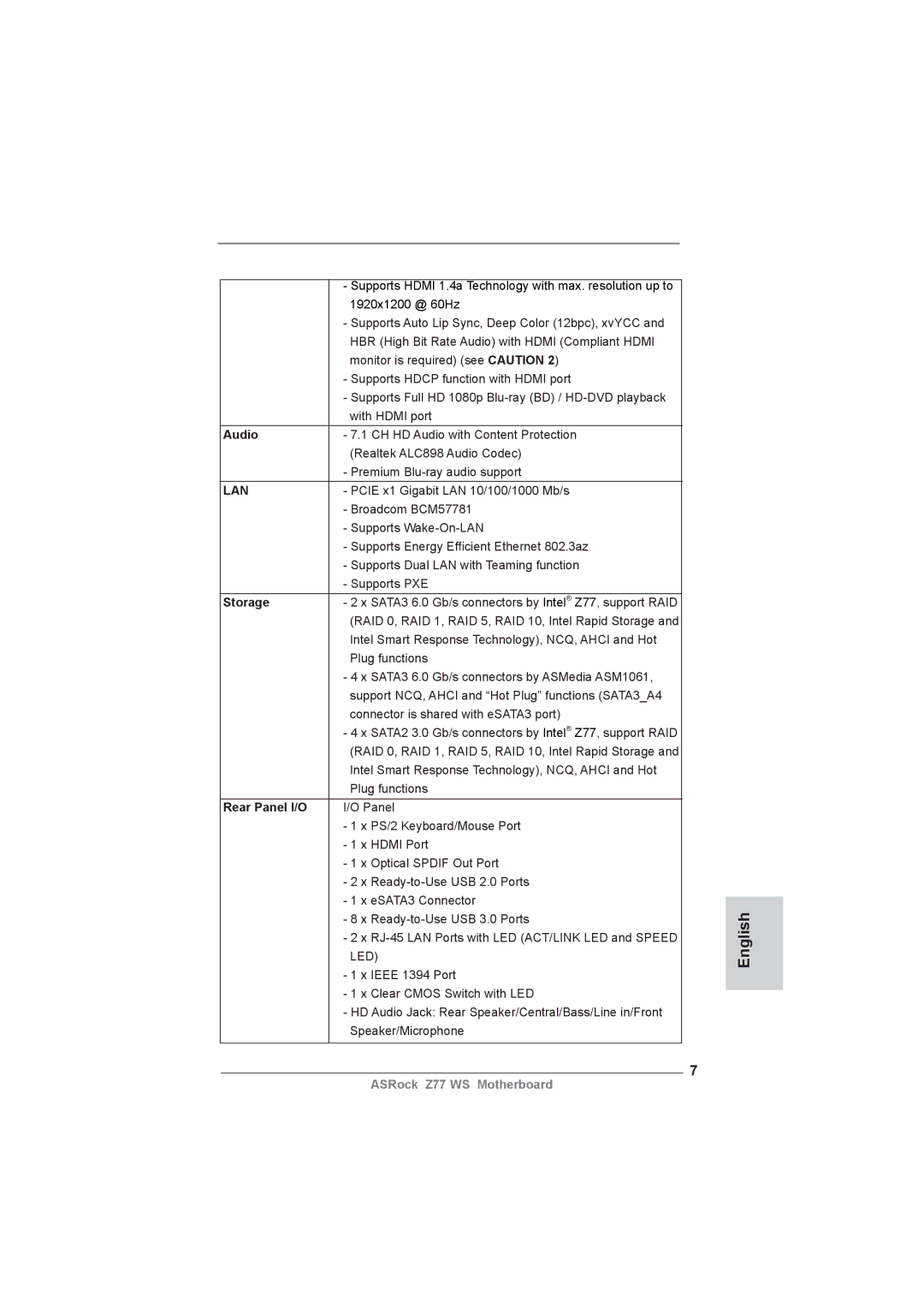 ASRock Z77 WS manual Audio, Storage, Rear Panel I/O 