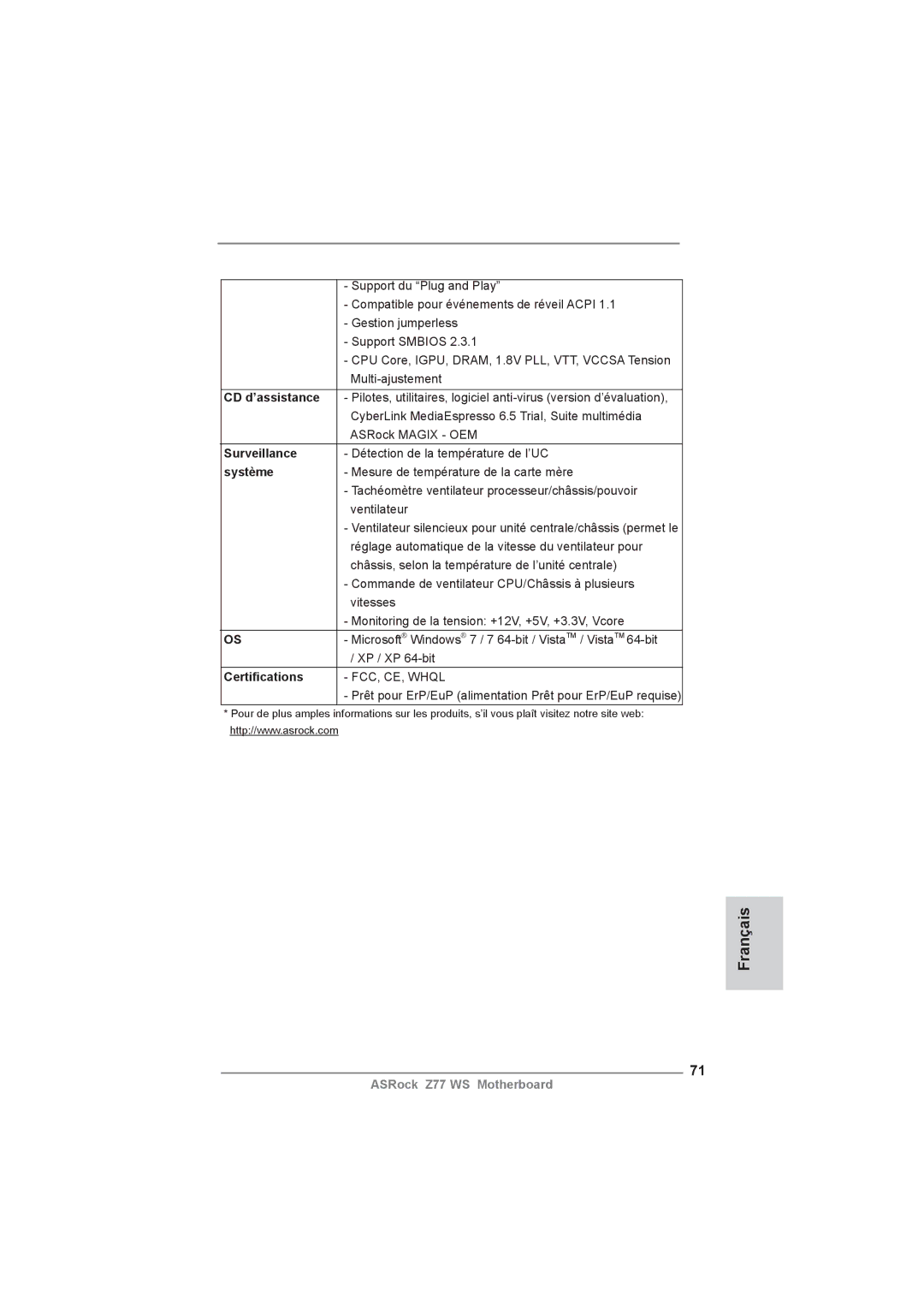 ASRock Z77 WS manual Surveillance, Système 