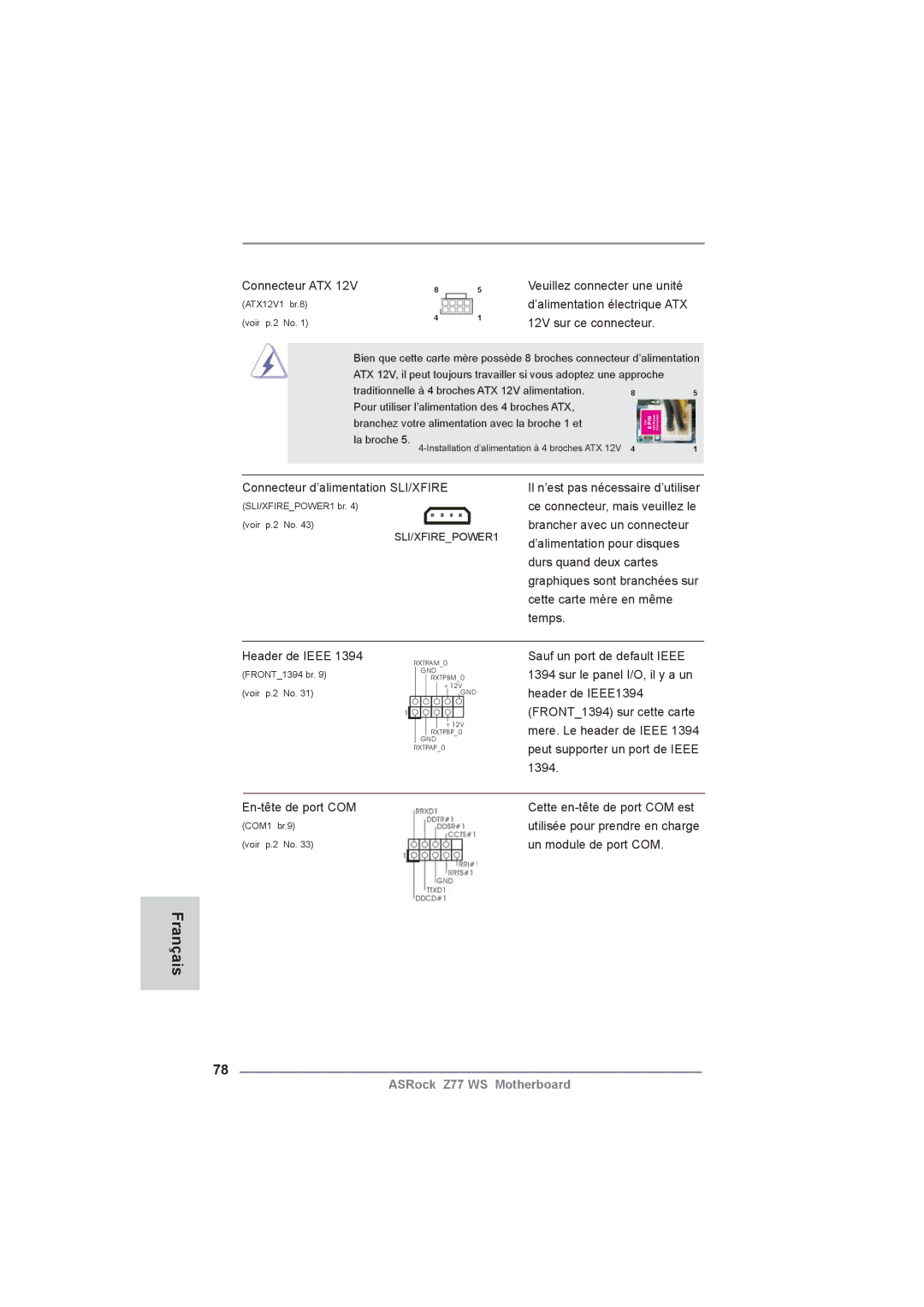 ASRock Z77 WS manual Connecteur ATX, Un module de port COM 