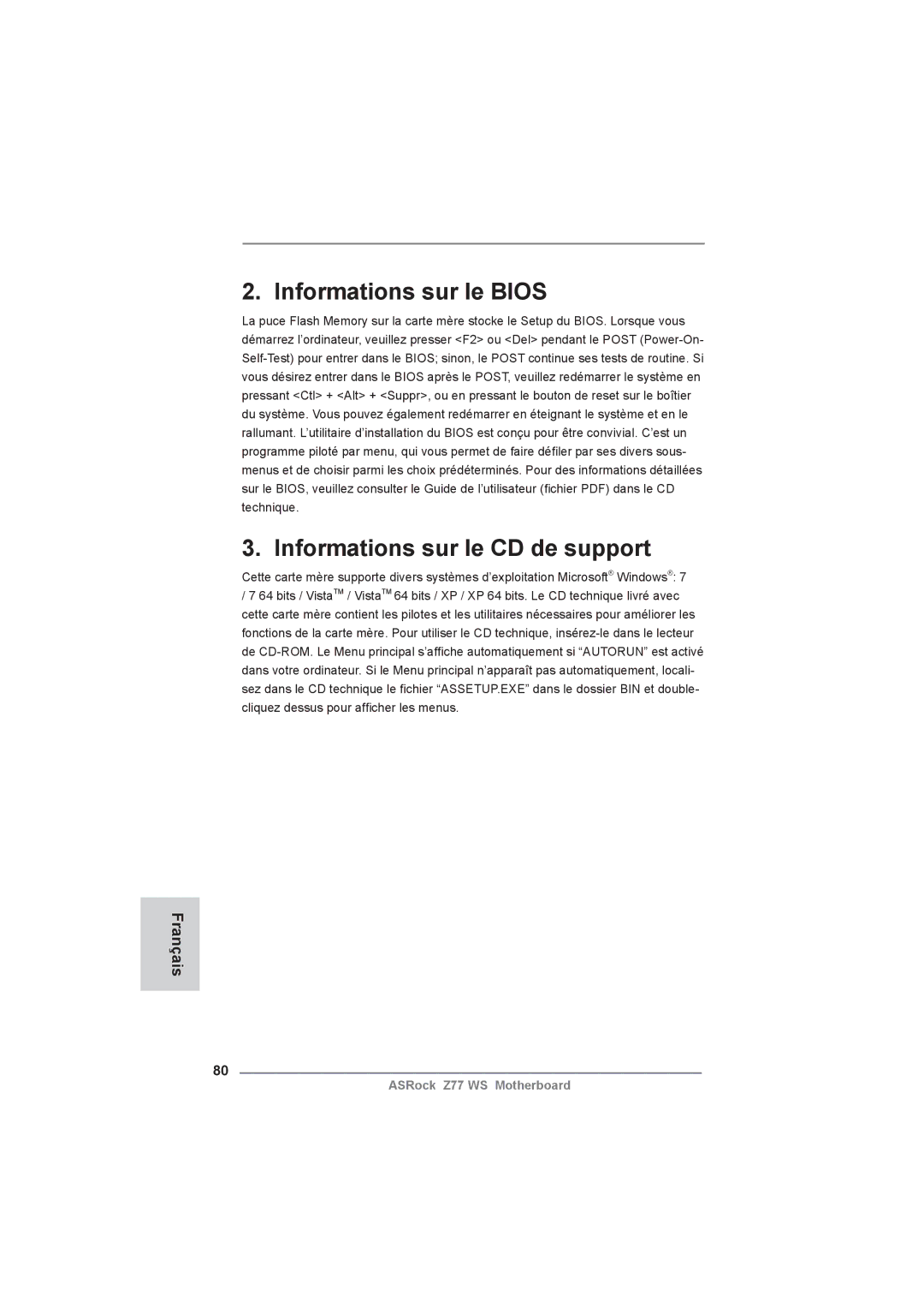 ASRock Z77 WS manual Informations sur le Bios Informations sur le CD de support 