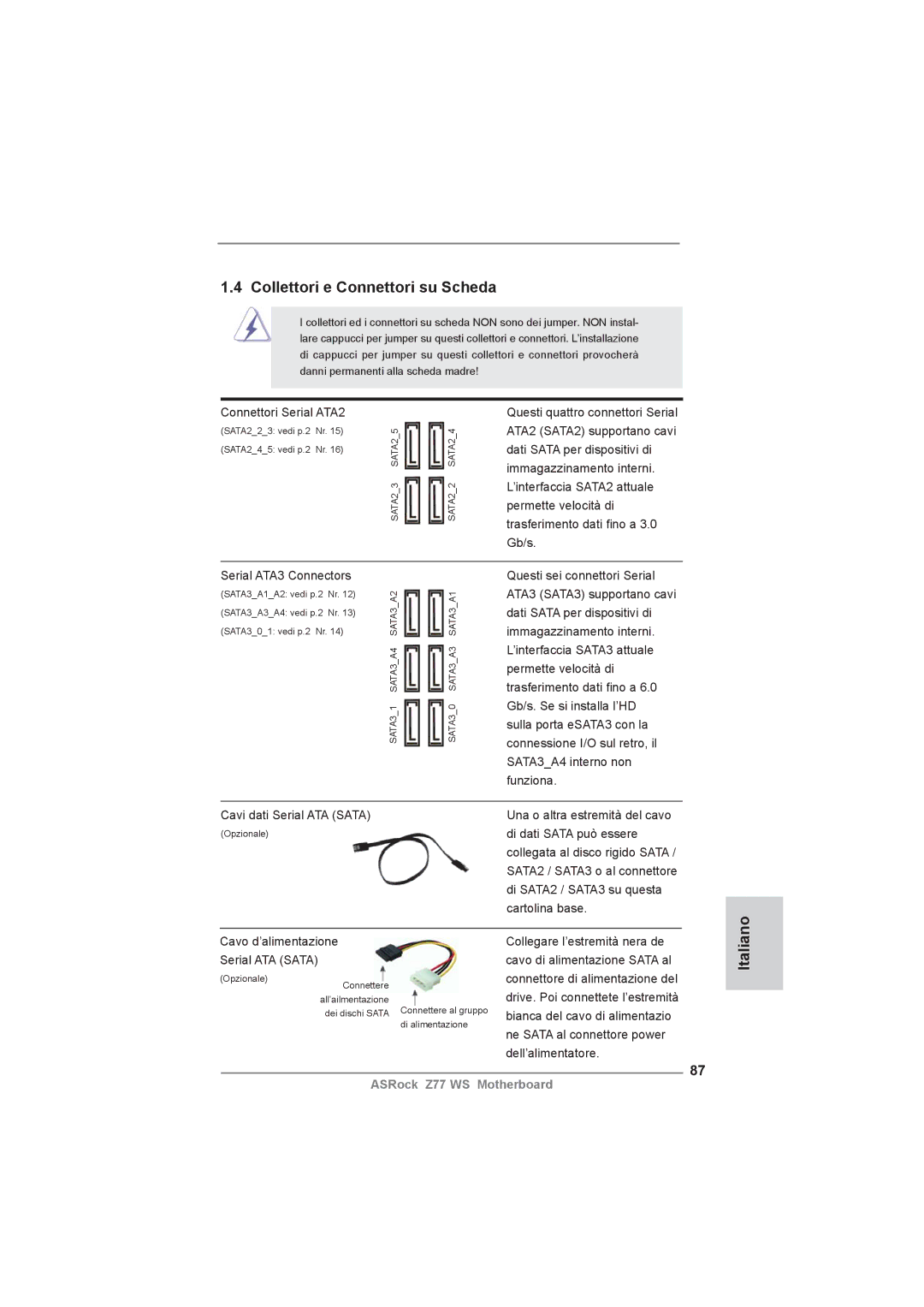 ASRock Z77 WS manual Collettori e Connettori su Scheda, Connettori Serial ATA2 