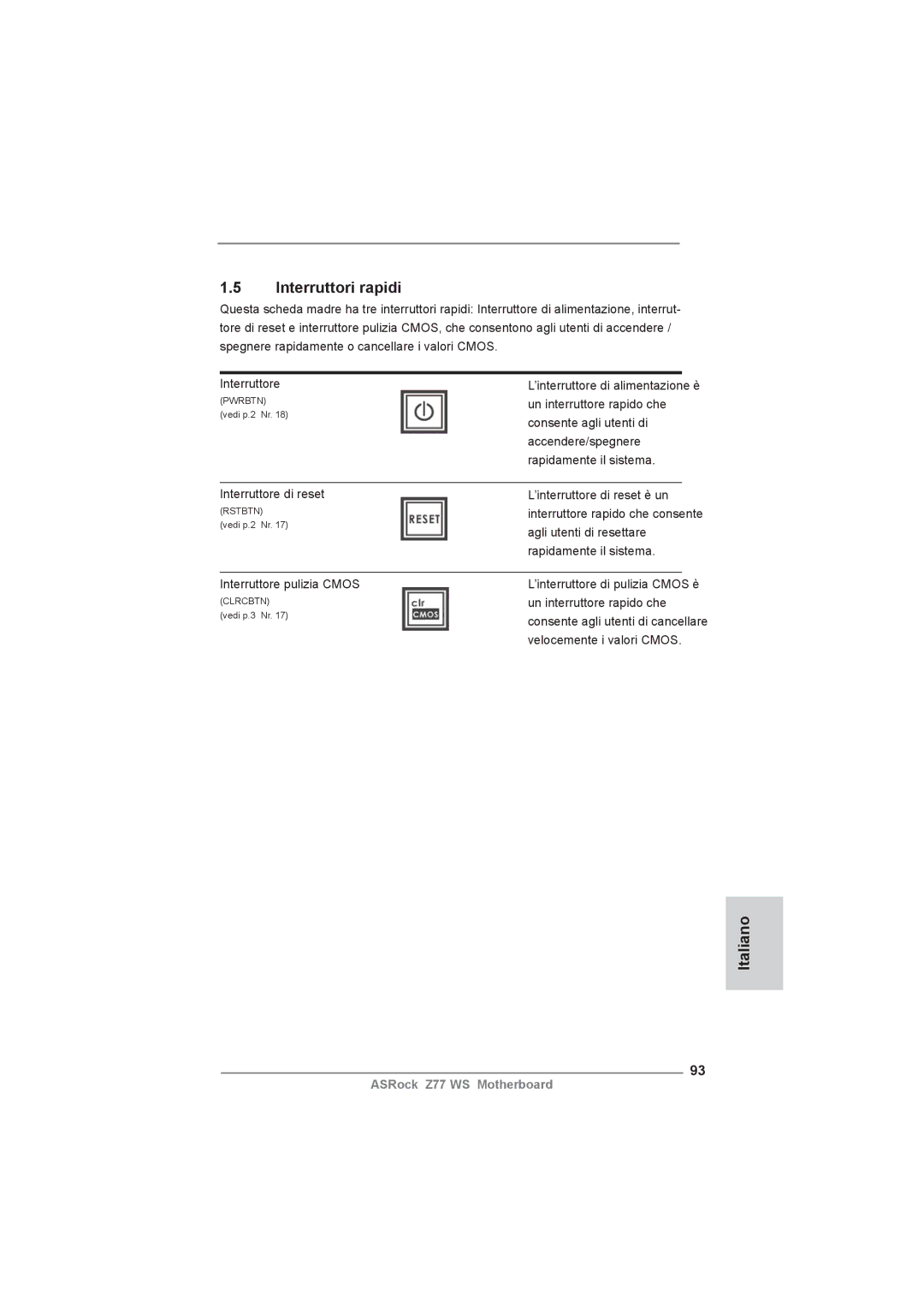 ASRock Z77 WS manual Interruttori rapidi 