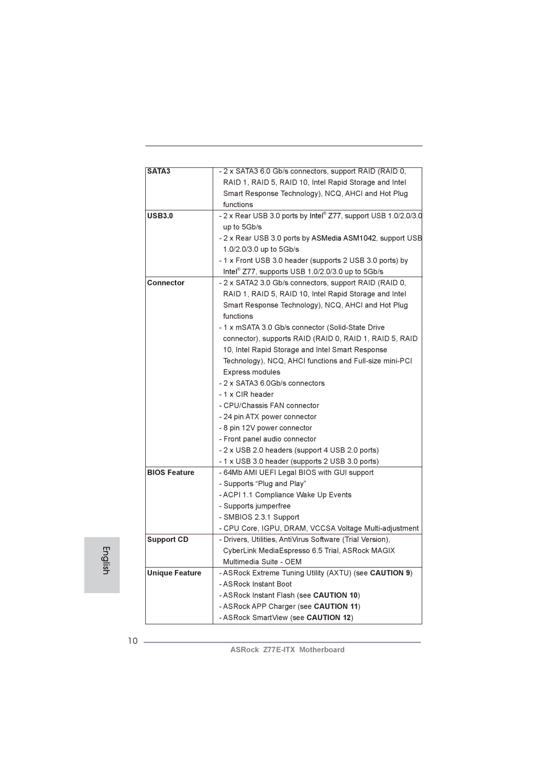 ASRock Z77E-ITX manual USB3.0, Connector, Bios Feature, Support CD, Unique Feature 