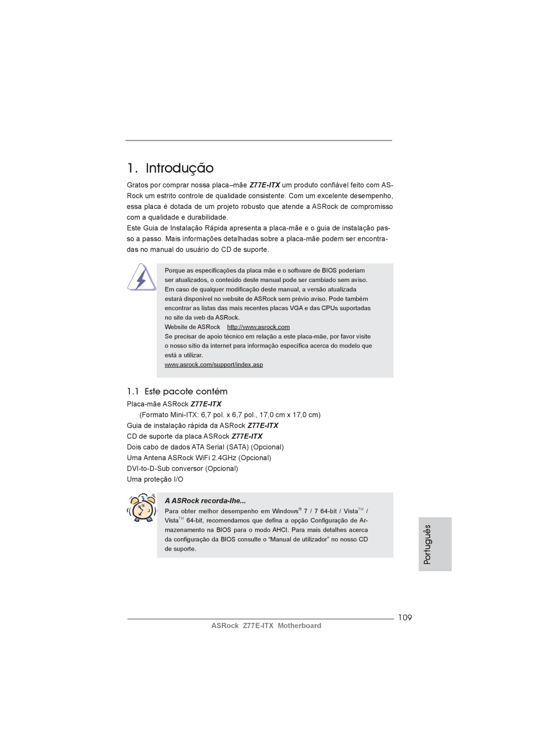 ASRock Z77E-ITX manual Este pacote contém, Português, 109 