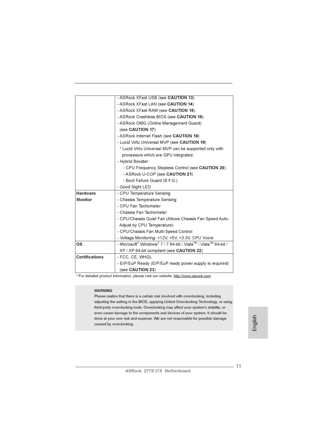 ASRock Z77E-ITX manual See Caution, Hardware, Monitor, Certiﬁcations 