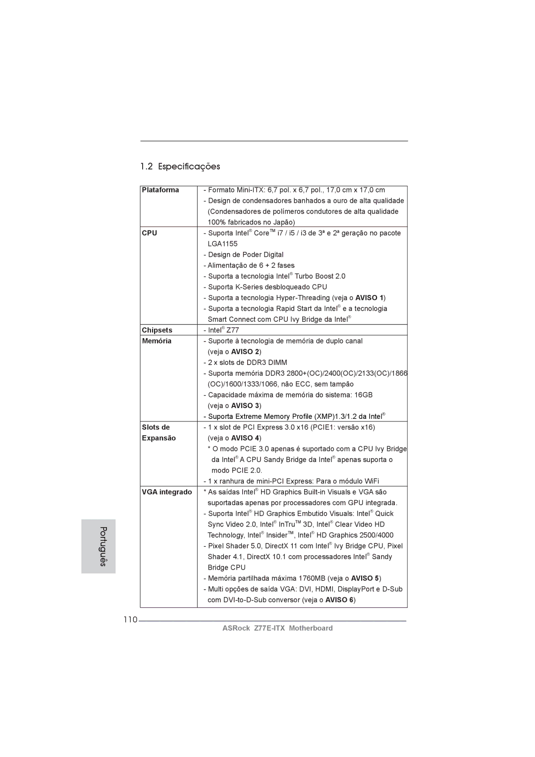 ASRock Z77E-ITX manual Especificações, 110 