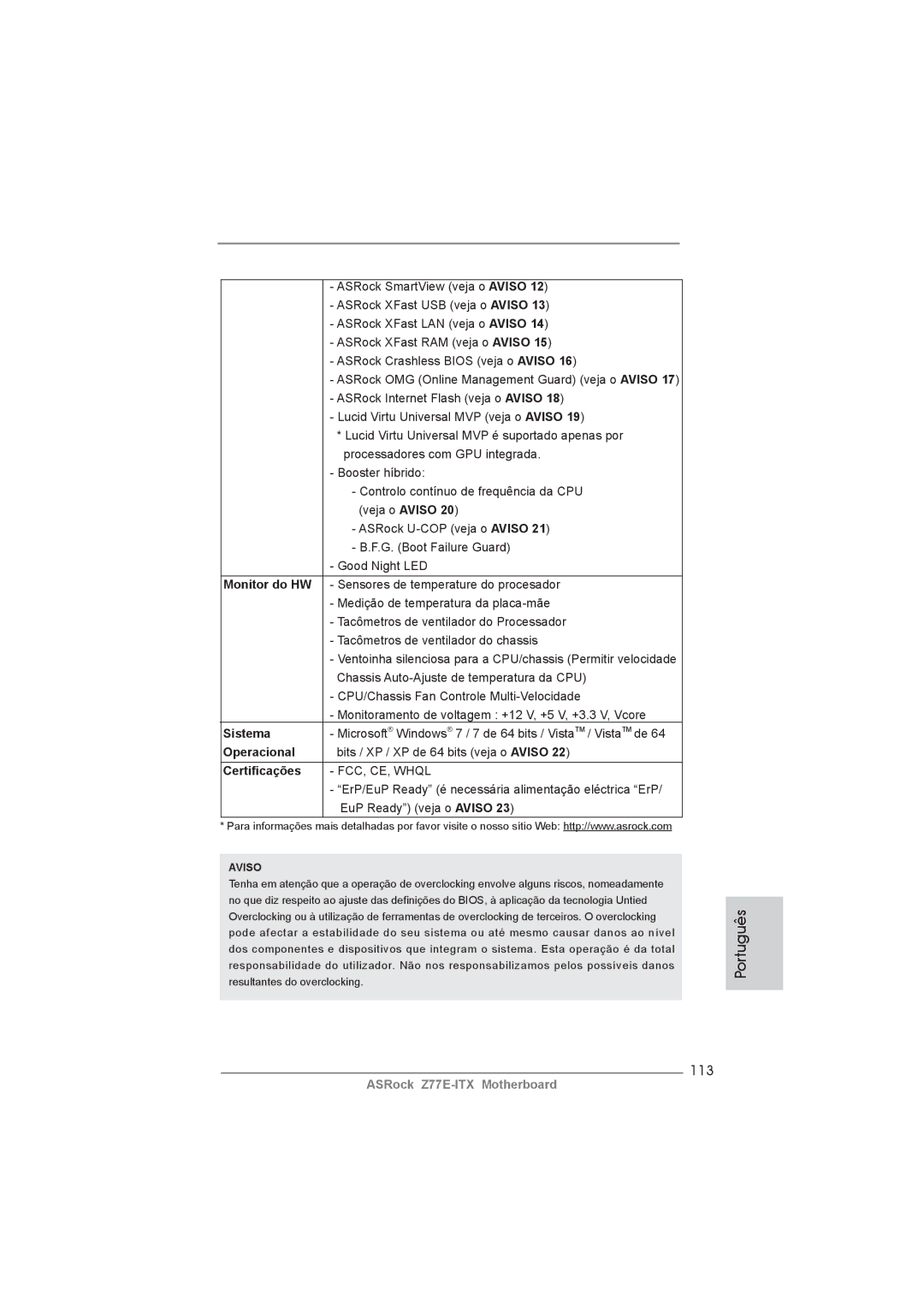 ASRock Z77E-ITX manual 113, Monitor do HW, Sistema, Operacional, Certiﬁcações 