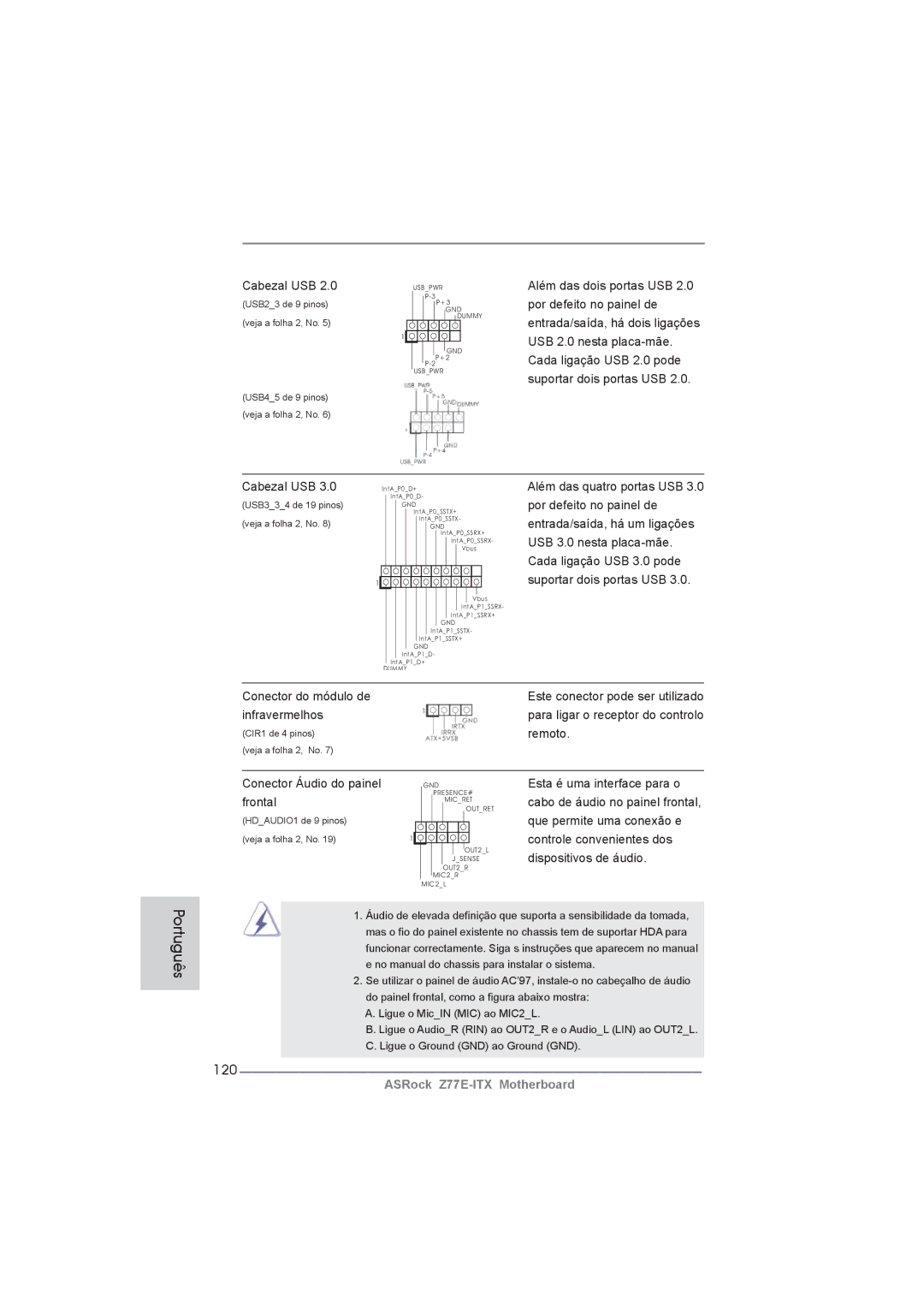 ASRock Z77E-ITX manual 120, Infravermelhos, Remoto, Conector Áudio do painel, Frontal 