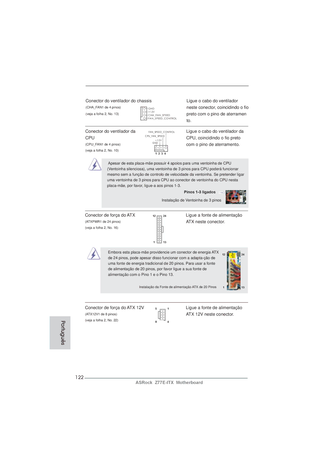 ASRock Z77E-ITX manual 122, Conector de força do ATX Ligue a fonte de alimentação, ATX neste conector 