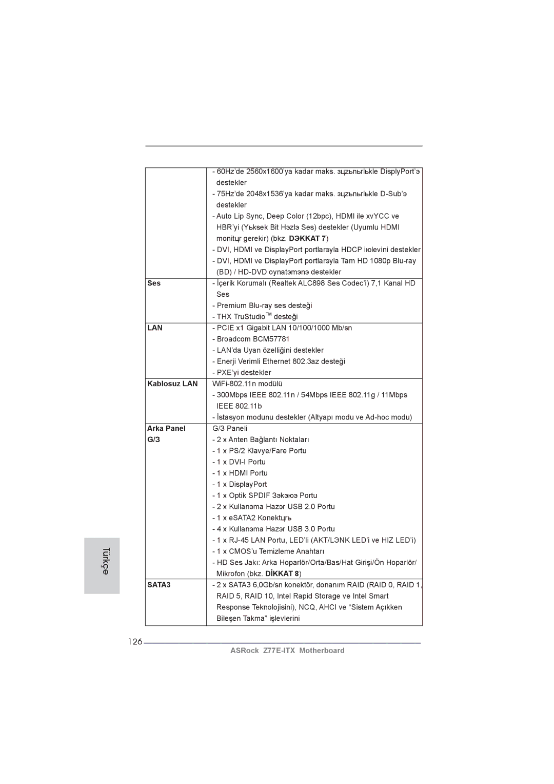 ASRock Z77E-ITX manual Türkçe, 126, Ses, Kablosuz LAN, Arka Panel 