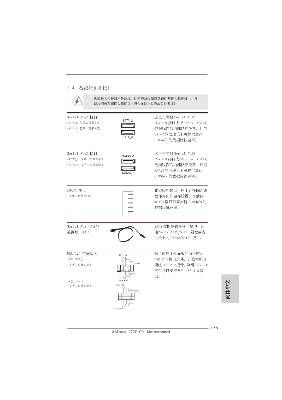 ASRock Z77E-ITX manual 板載接頭和接口, 173 