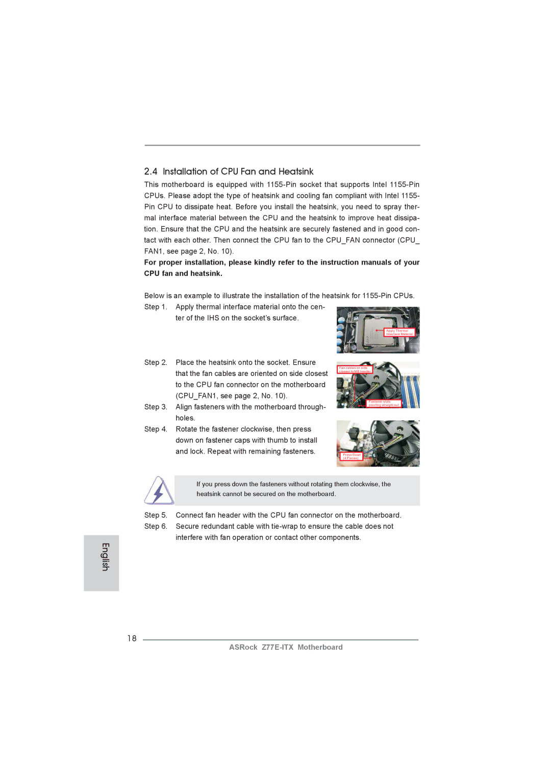 ASRock Z77E-ITX manual Installation of CPU Fan and Heatsink, Step Place the heatsink onto the socket. Ensure, Holes 