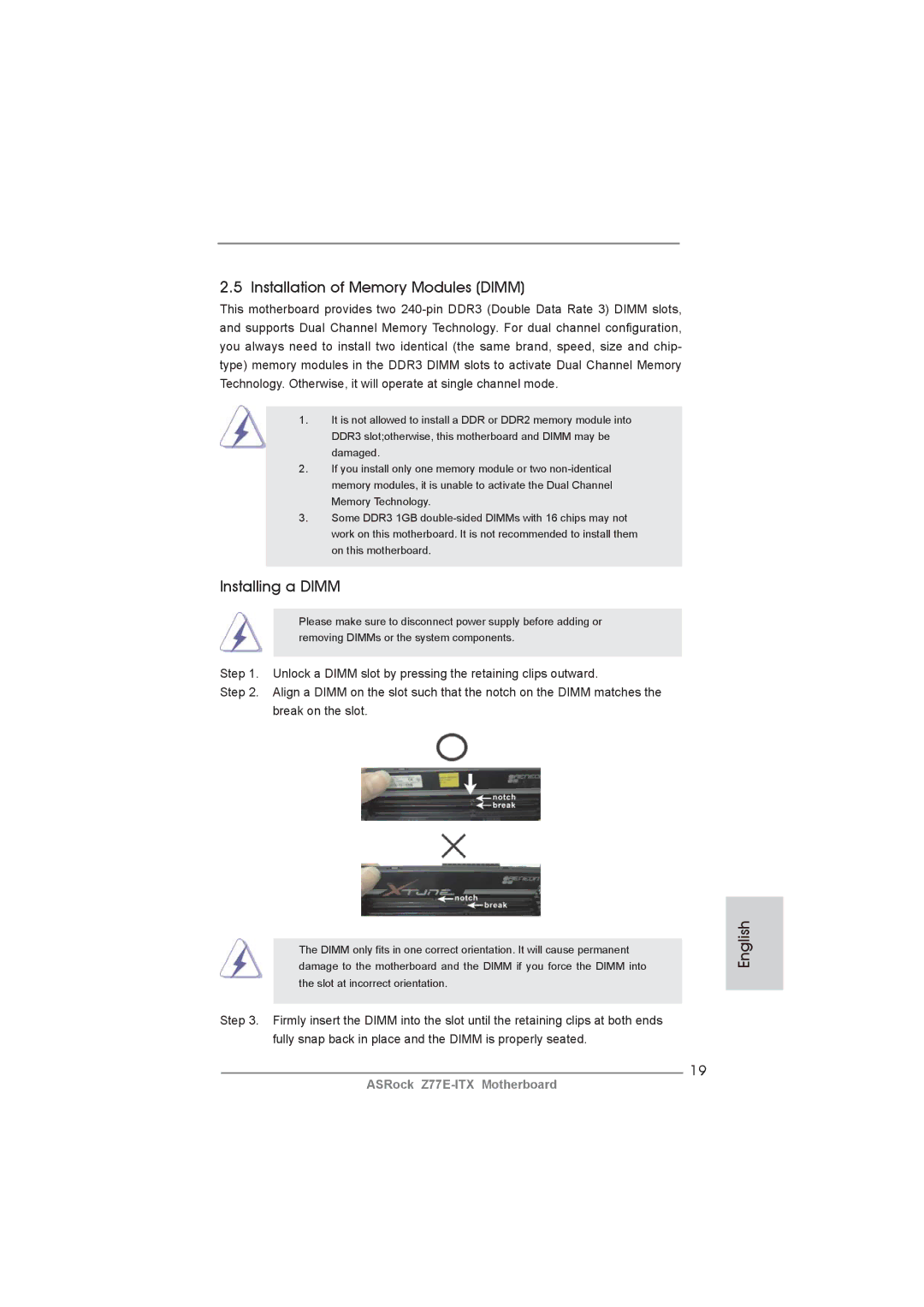 ASRock Z77E-ITX manual Installation of Memory Modules Dimm, Installing a Dimm 