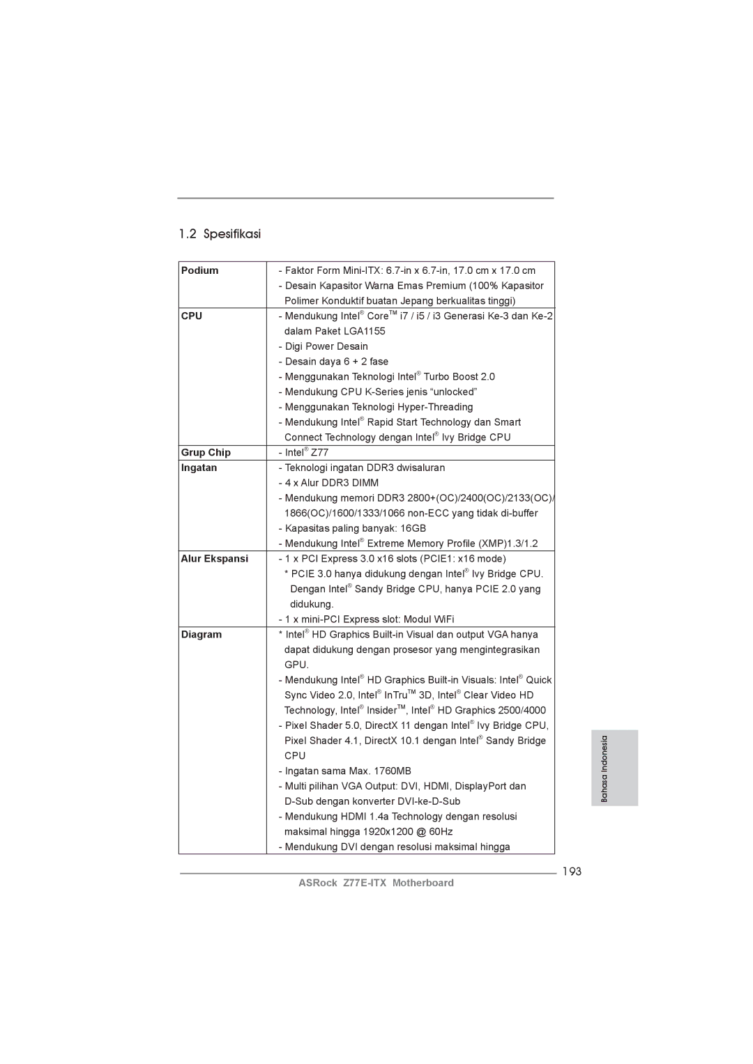 ASRock Z77E-ITX manual Spesifikasi, 193 