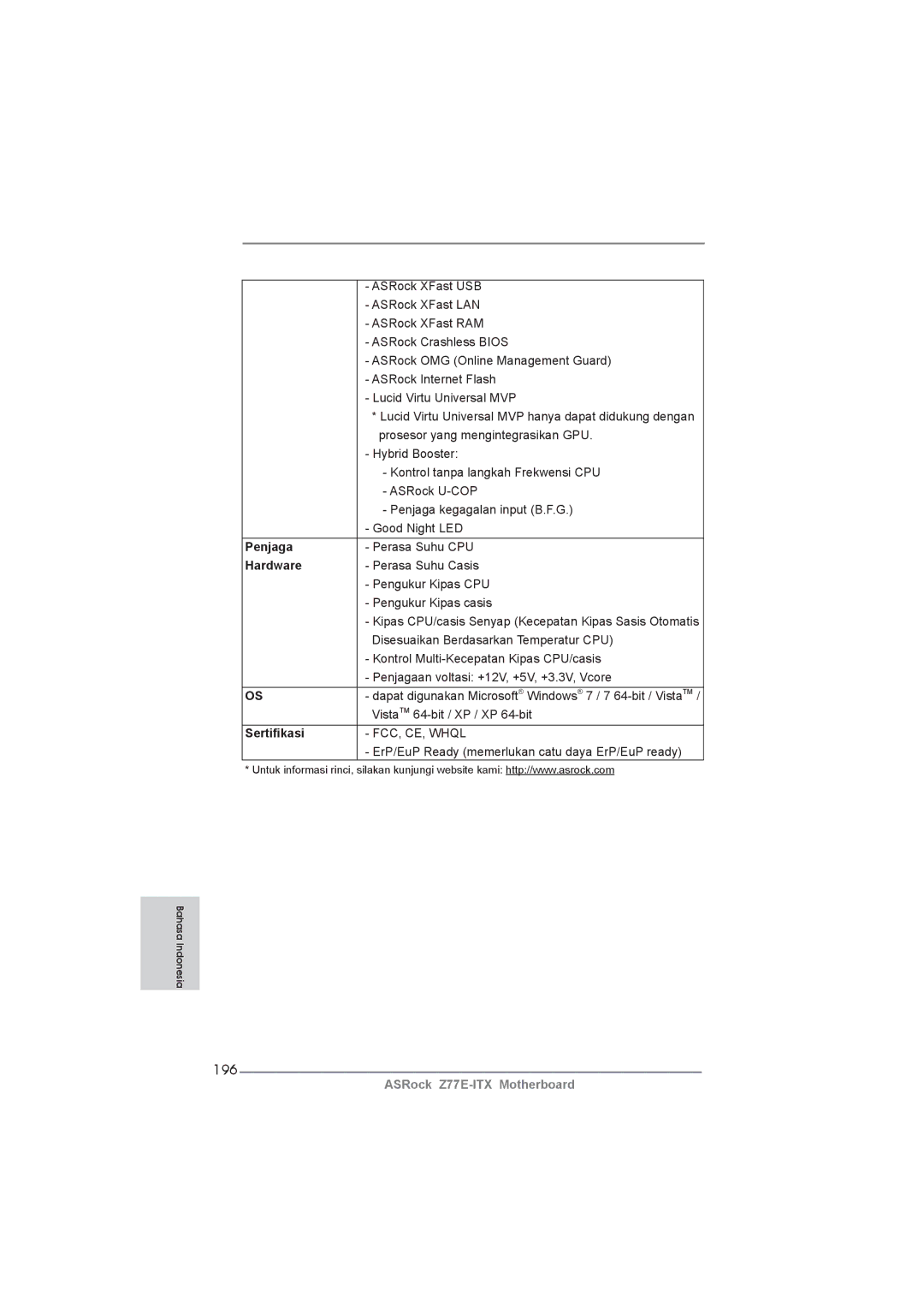 ASRock Z77E-ITX manual 196, Penjaga, Sertiﬁkasi 