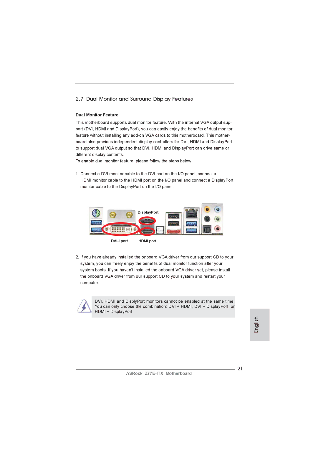 ASRock Z77E-ITX manual Dual Monitor and Surround Display Features, Dual Monitor Feature, DisplayPort DVI-I port 