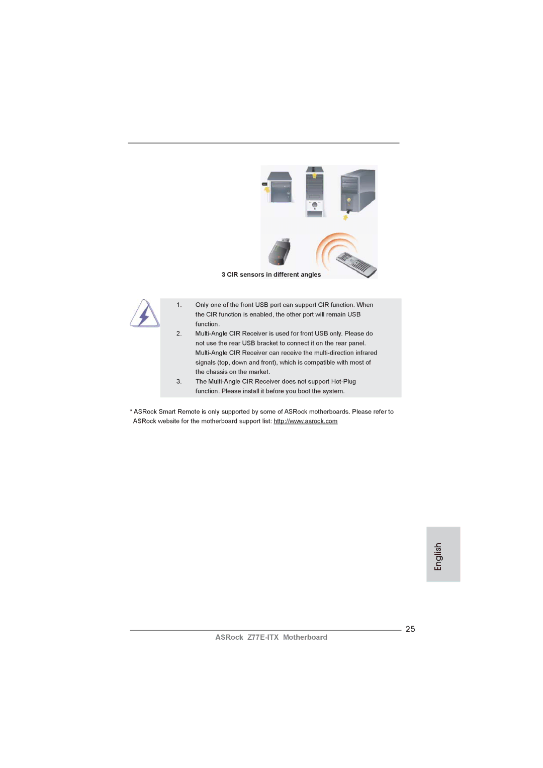 ASRock Z77E-ITX manual CIR sensors in different angles 