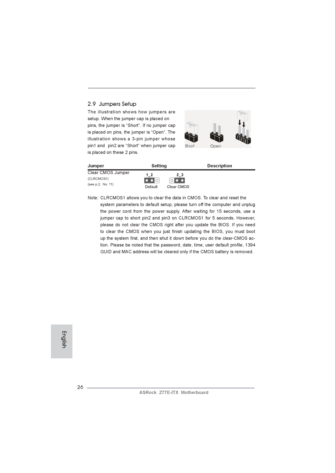 ASRock Z77E-ITX manual Jumpers Setup, Description, Clear Cmos Jumper 