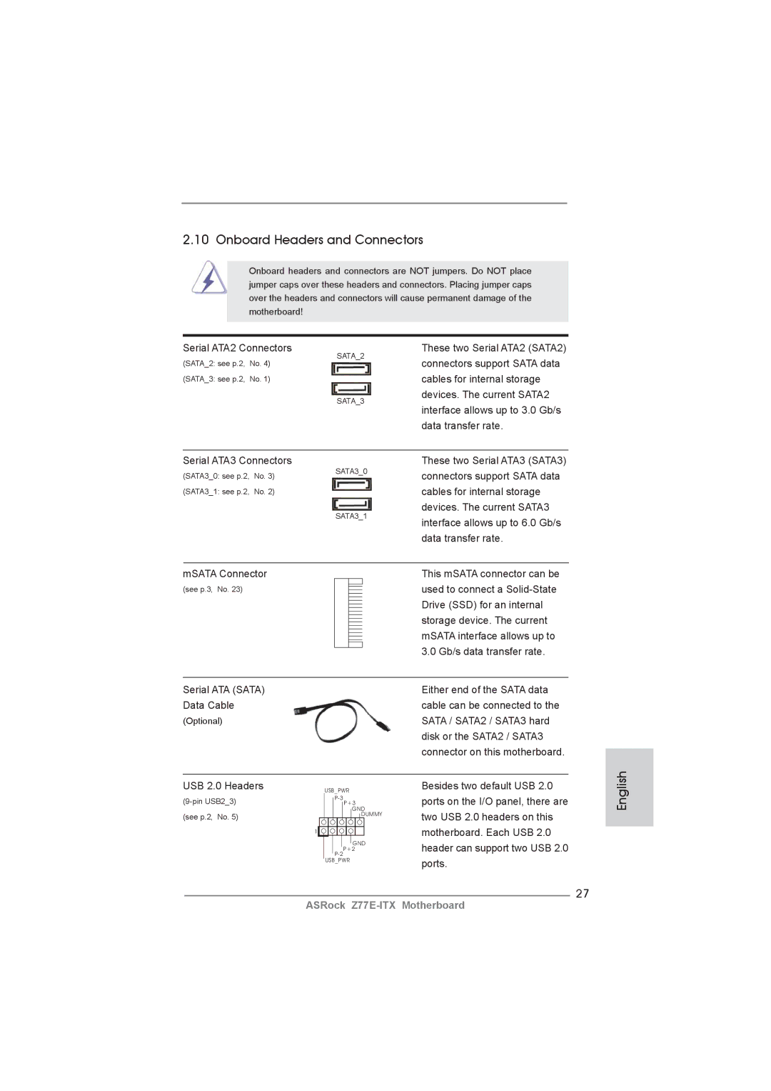 ASRock Z77E-ITX manual Onboard Headers and Connectors, Serial ATA2 Connectors, Sata / SATA2 / SATA3 hard, USB 2.0 Headers 